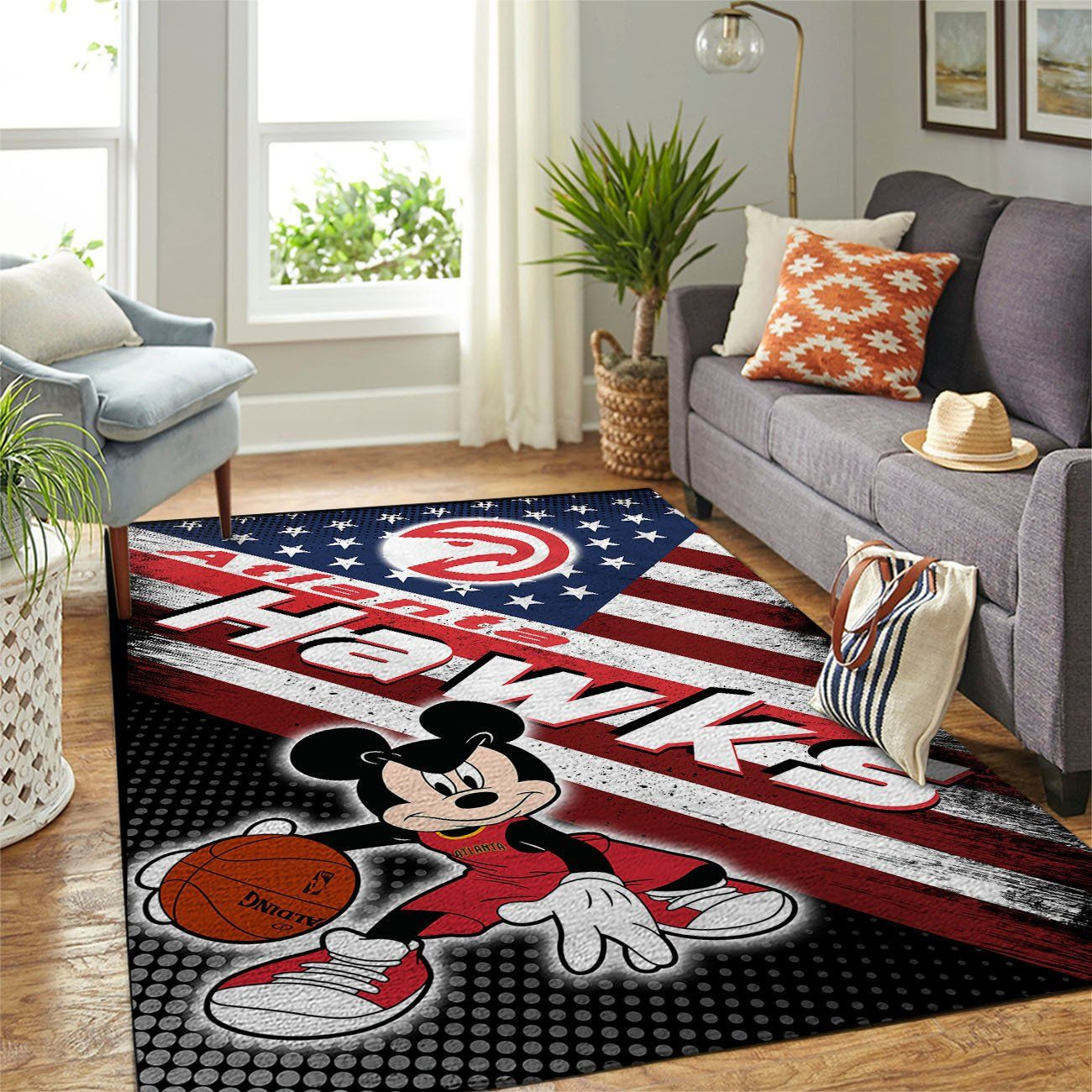Atlanta Hawks Team Logo Mickey Us Rectangle Area Rug – Full Print Carpet For Living Room & Bedroom Home Decor