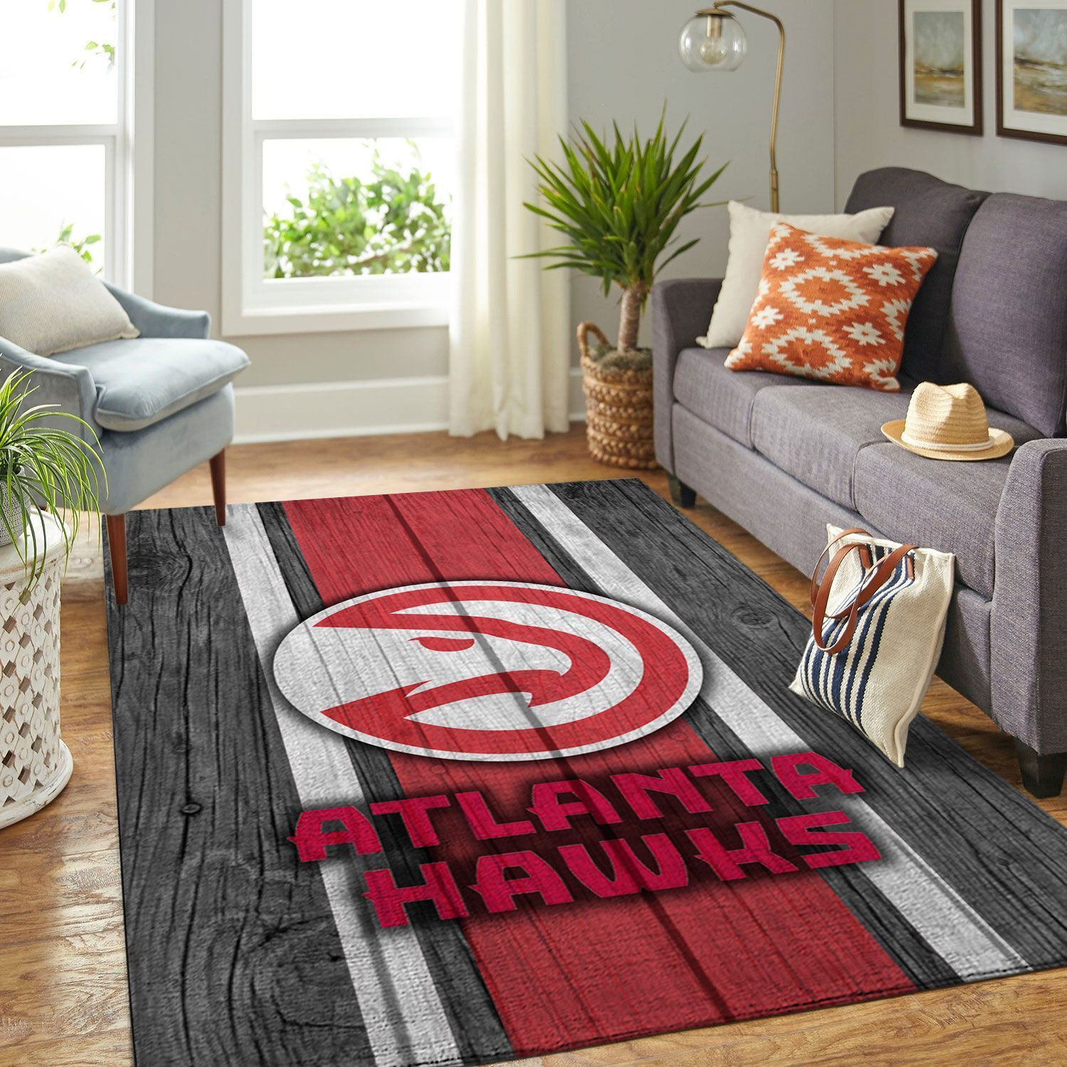 Atlanta Hawks Team Logo Wooden Rectangle Area Rug – Full Print Carpet For Living Room & Bedroom Home Decor