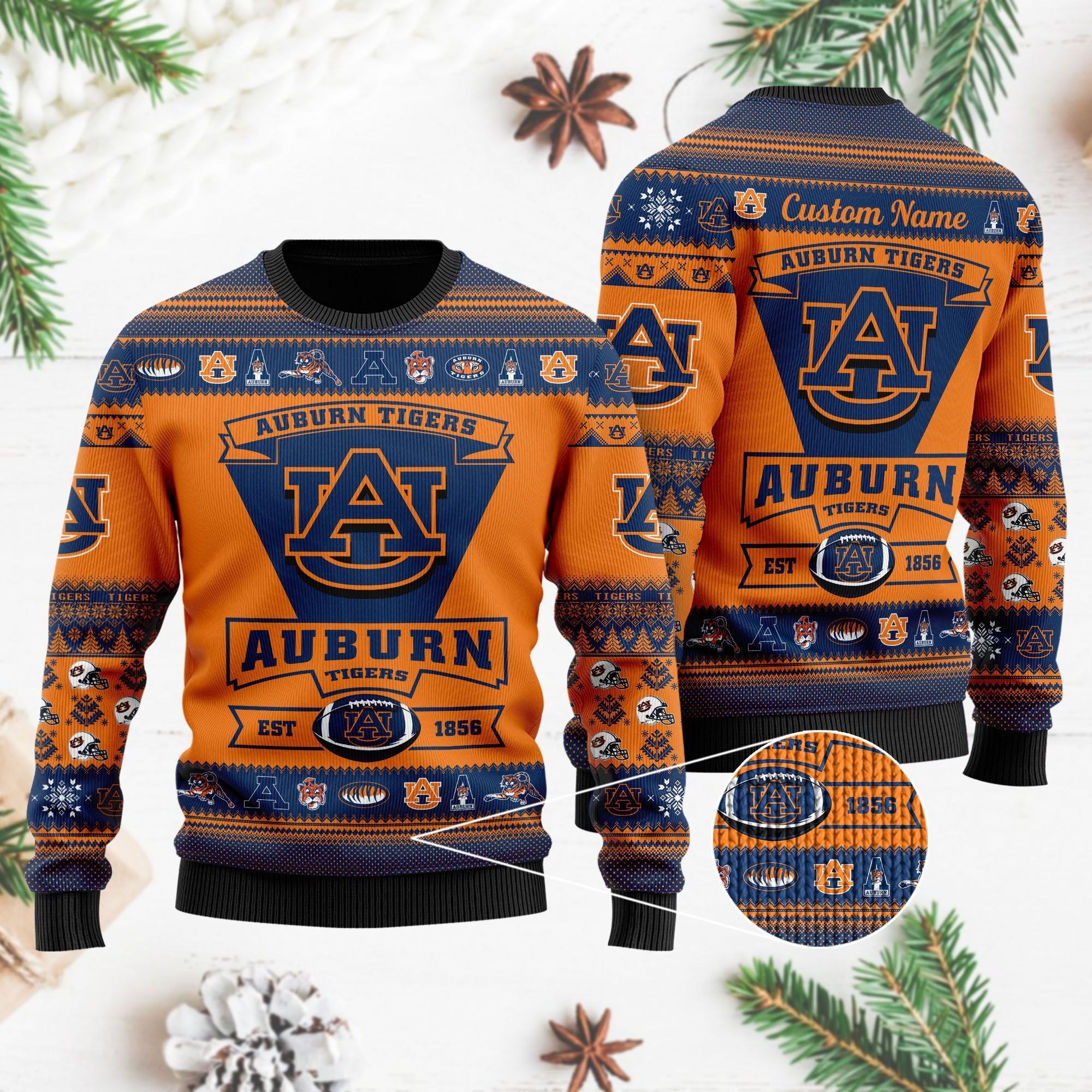 Auburn Tigers Football Team Logo Custom Name Personalized Ugly Christmas Sweater Holiday Party Men Women Plus Size
