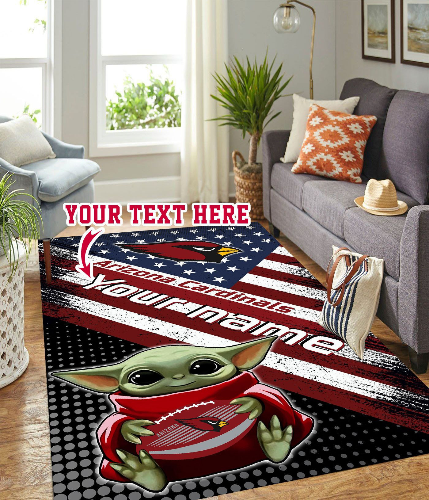 Baby Yoda Arizona Cardinals Logo Personalized Custom Rectangle Area Rug – Full Print Carpet For Living Room & Bedroom Home Decor