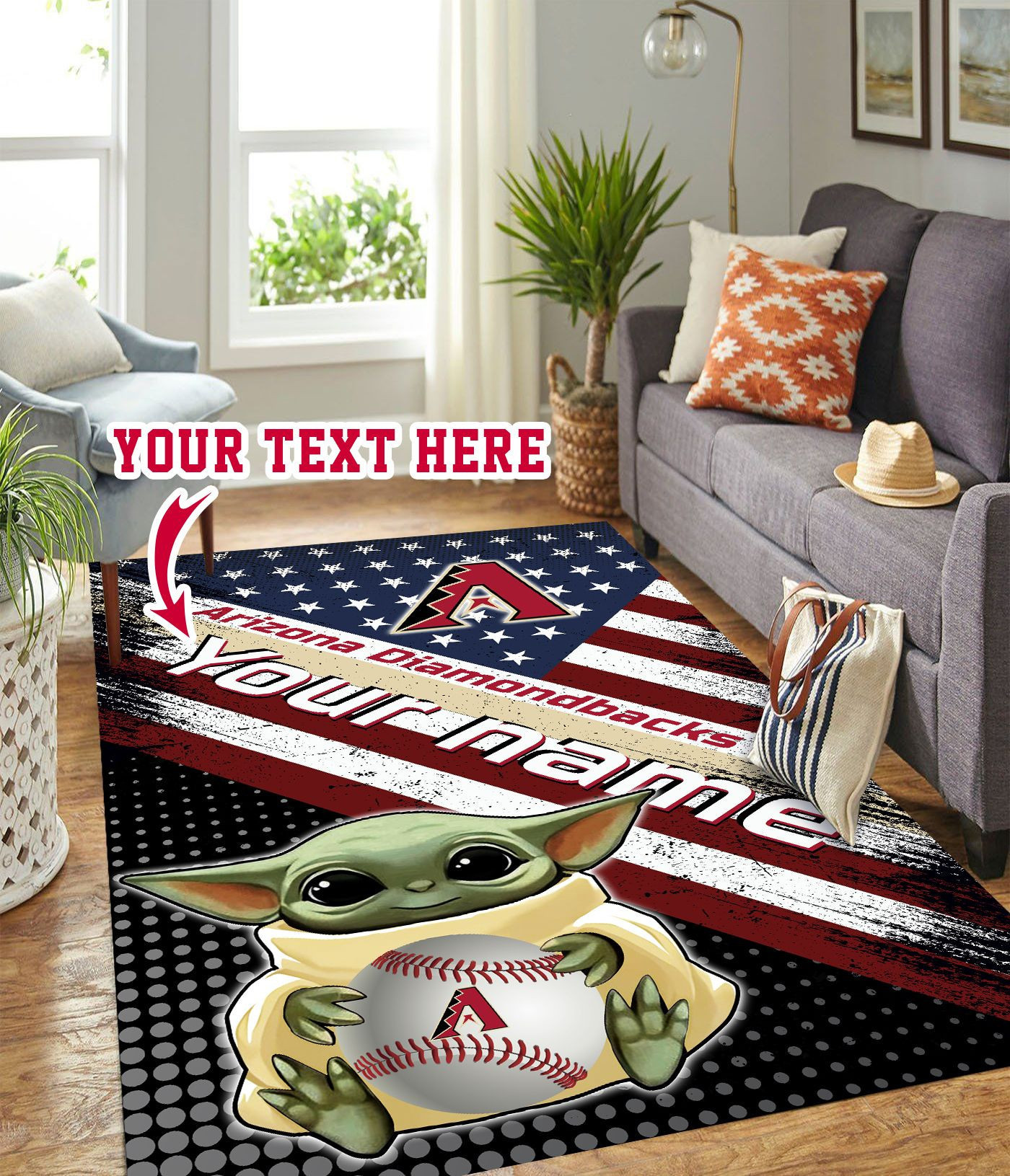 Baby Yoda Arizona Diamondbacks Logo Personalized Custom Rectangle Area Rug – Full Print Carpet For Living Room & Bedroom Home Decor