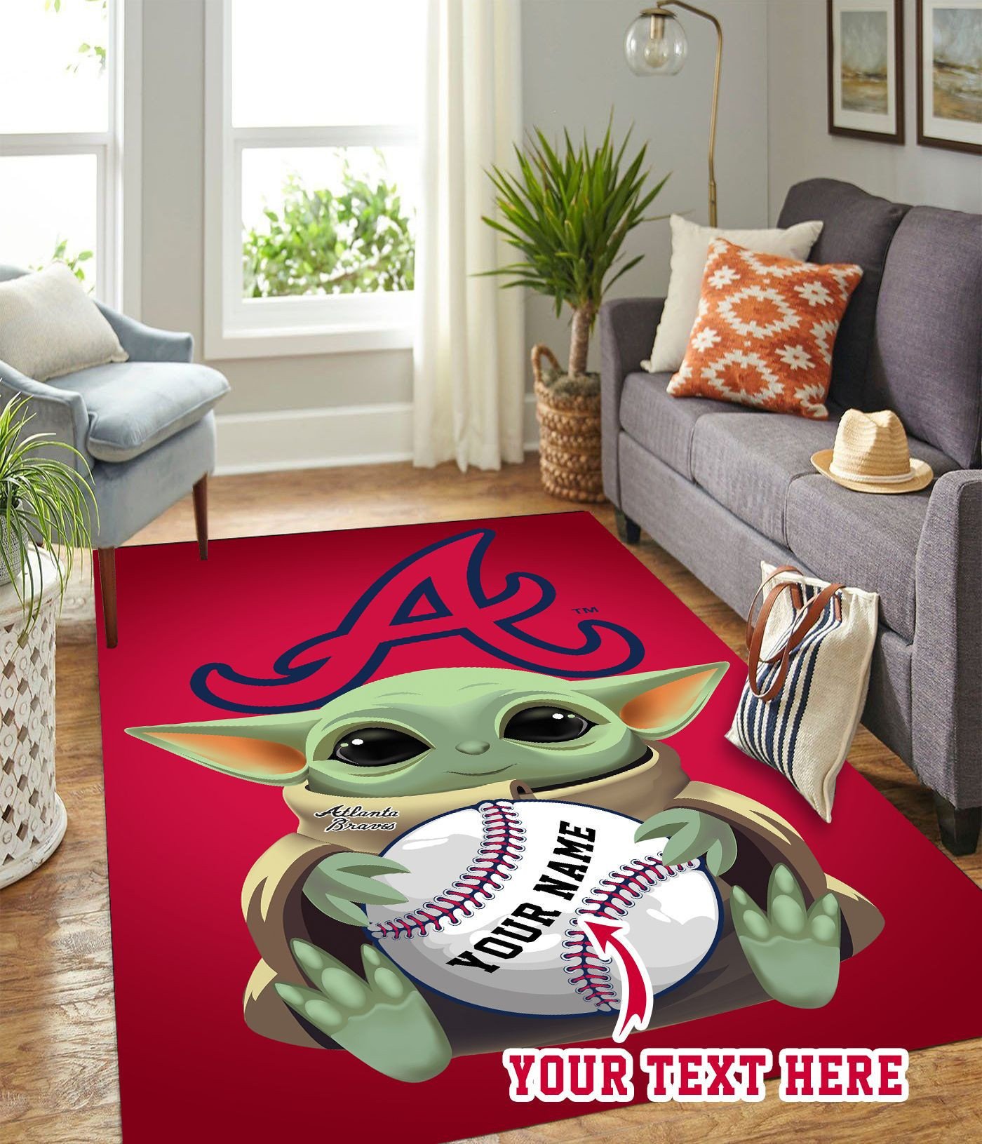 Baby Yoda Atlanta Braves Personalized Custom Rectangle Area Rug – Full Print Carpet For Living Room & Bedroom Home Decor
