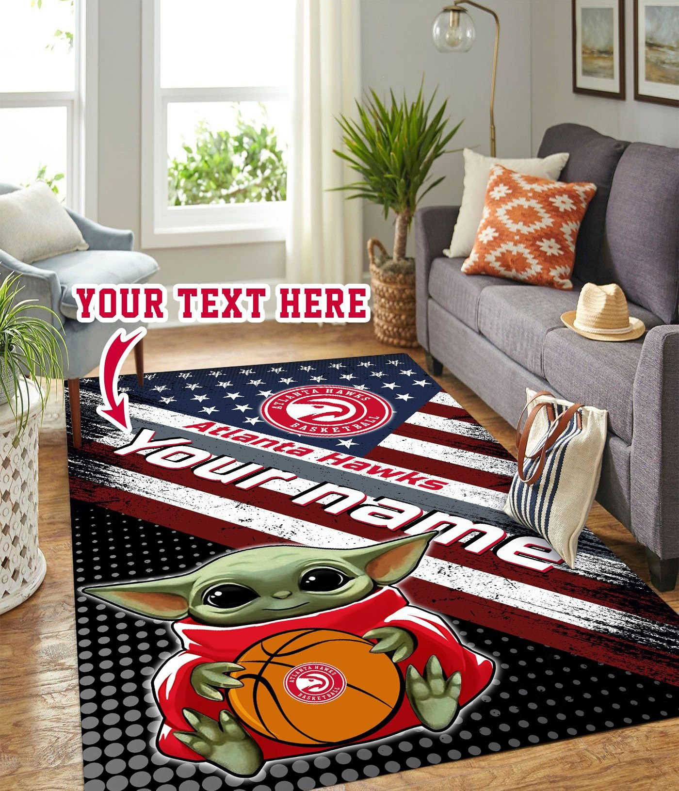 Baby Yoda Atlanta Hawks Logo Personalized Custom Rectangle Area Rug – Full Print Carpet For Living Room & Bedroom Home Decor