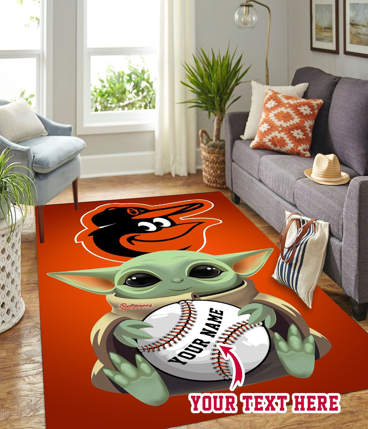Baby Yoda Baltimore Orioles Personalized Custom Rectangle Area Rug – Full Print Carpet For Living Room & Bedroom Home Decor