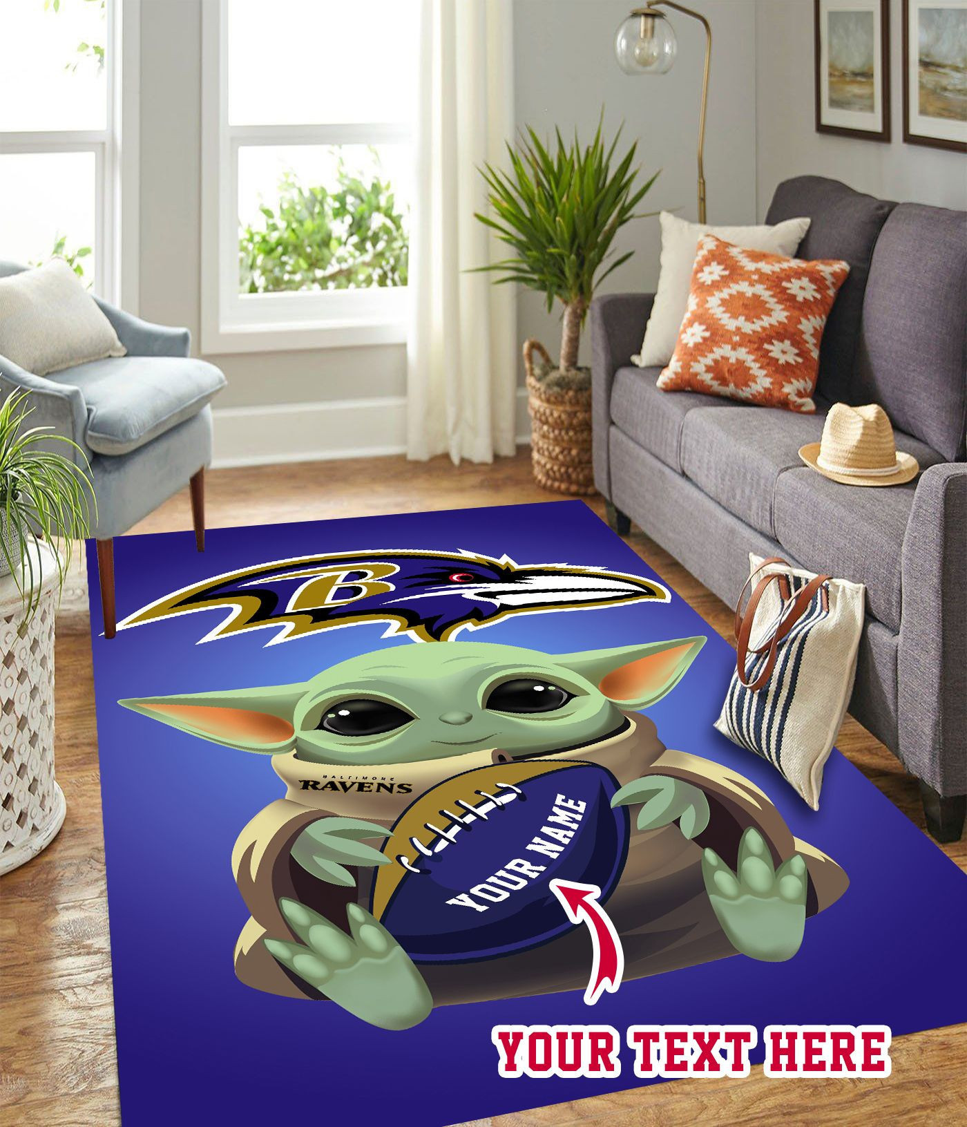 Baby Yoda Baltimore Ravens American Football Personalized Custom Rectangle Area Rug – Full Print Carpet For Living Room & Bedroom Home Decor