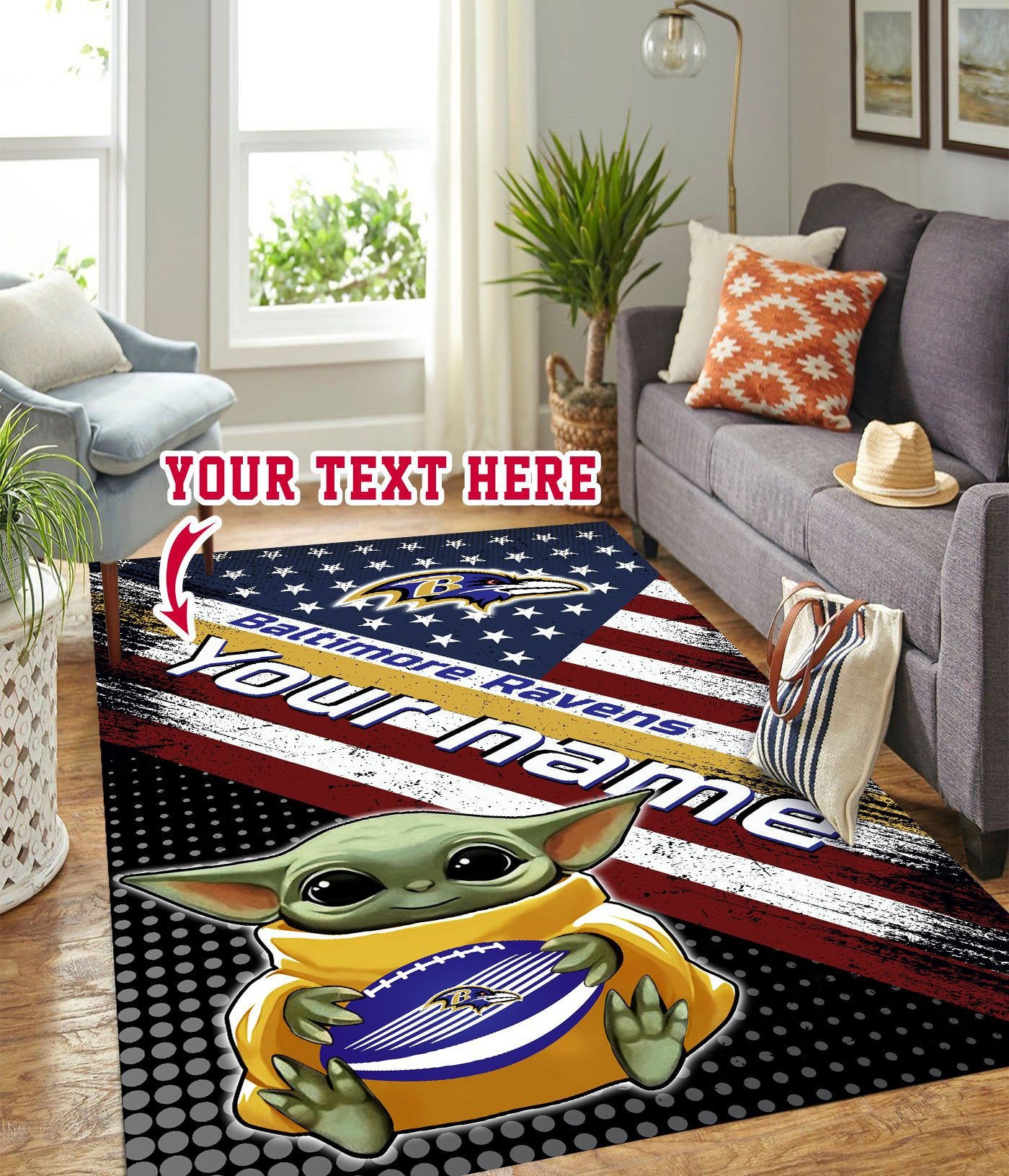 Baby Yoda Baltimore Ravens Personalized Custom Rectangle Area Rug – Full Print Carpet For Living Room & Bedroom Home Decor