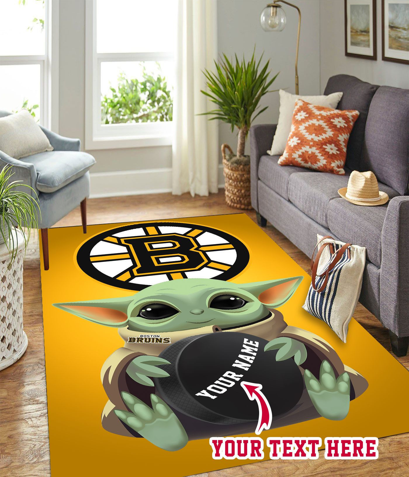 Baby Yoda Boston Bruins Personalized Custom Rectangle Area Rug – Full Print Carpet For Living Room & Bedroom Home Decor
