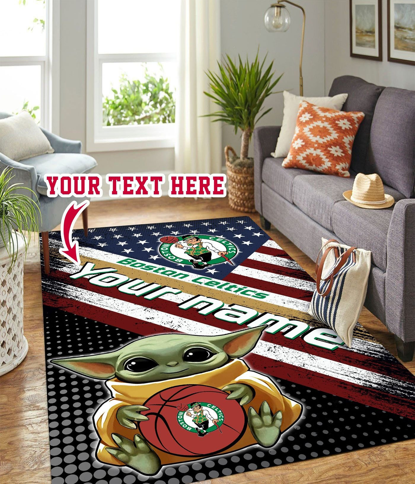 Baby Yoda Boston Celtics Personalized Custom Rectangle Area Rug – Full Print Carpet For Living Room & Bedroom Home Decor