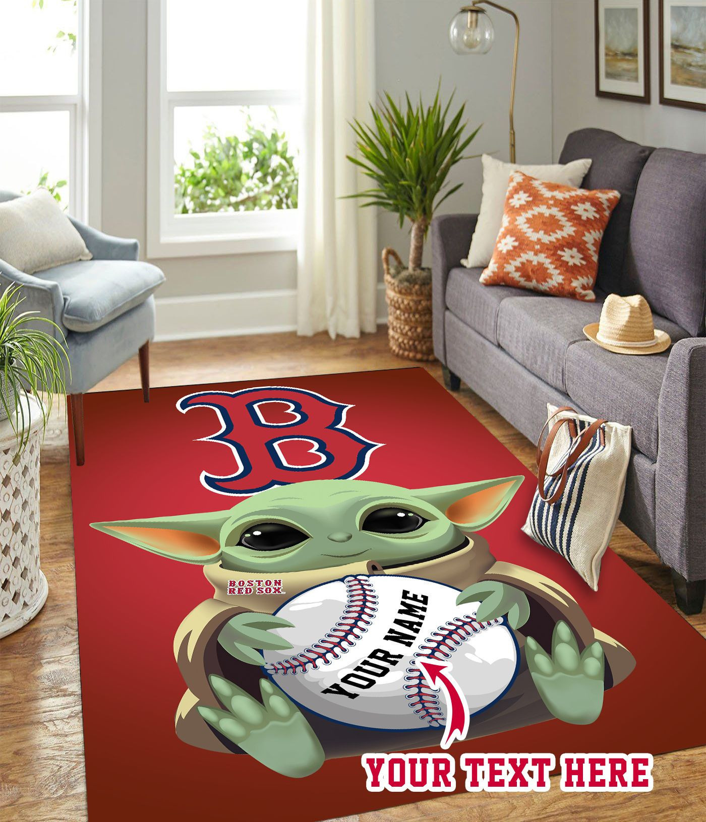 Baby Yoda Boston Red Sox Personalized Custom Rectangle Area Rug – Full Print Carpet For Living Room & Bedroom Home Decor
