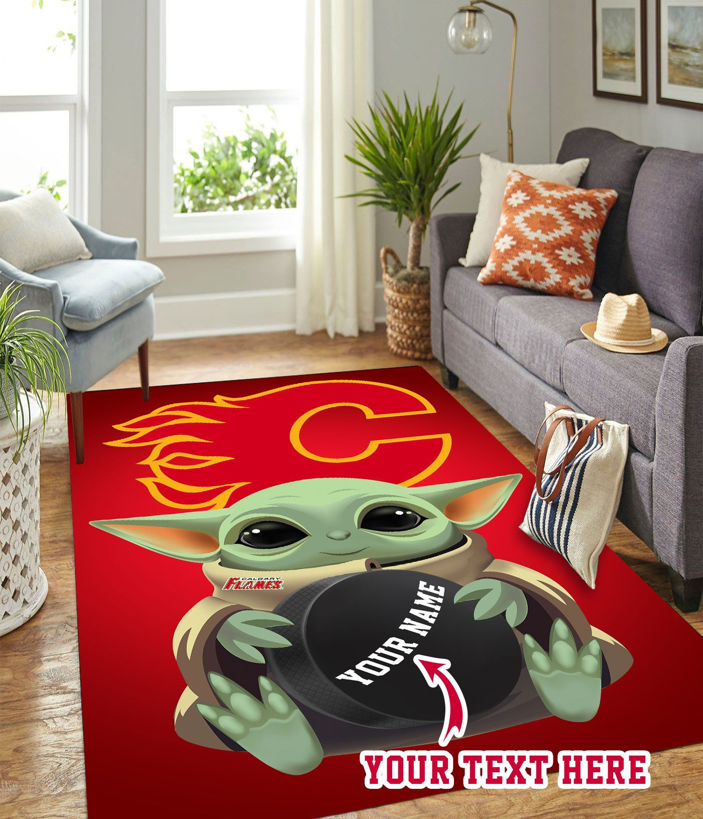 Baby Yoda Calgary Flames Personalized Custom Rectangle Area Rug – Full Print Carpet For Living Room & Bedroom Home Decor