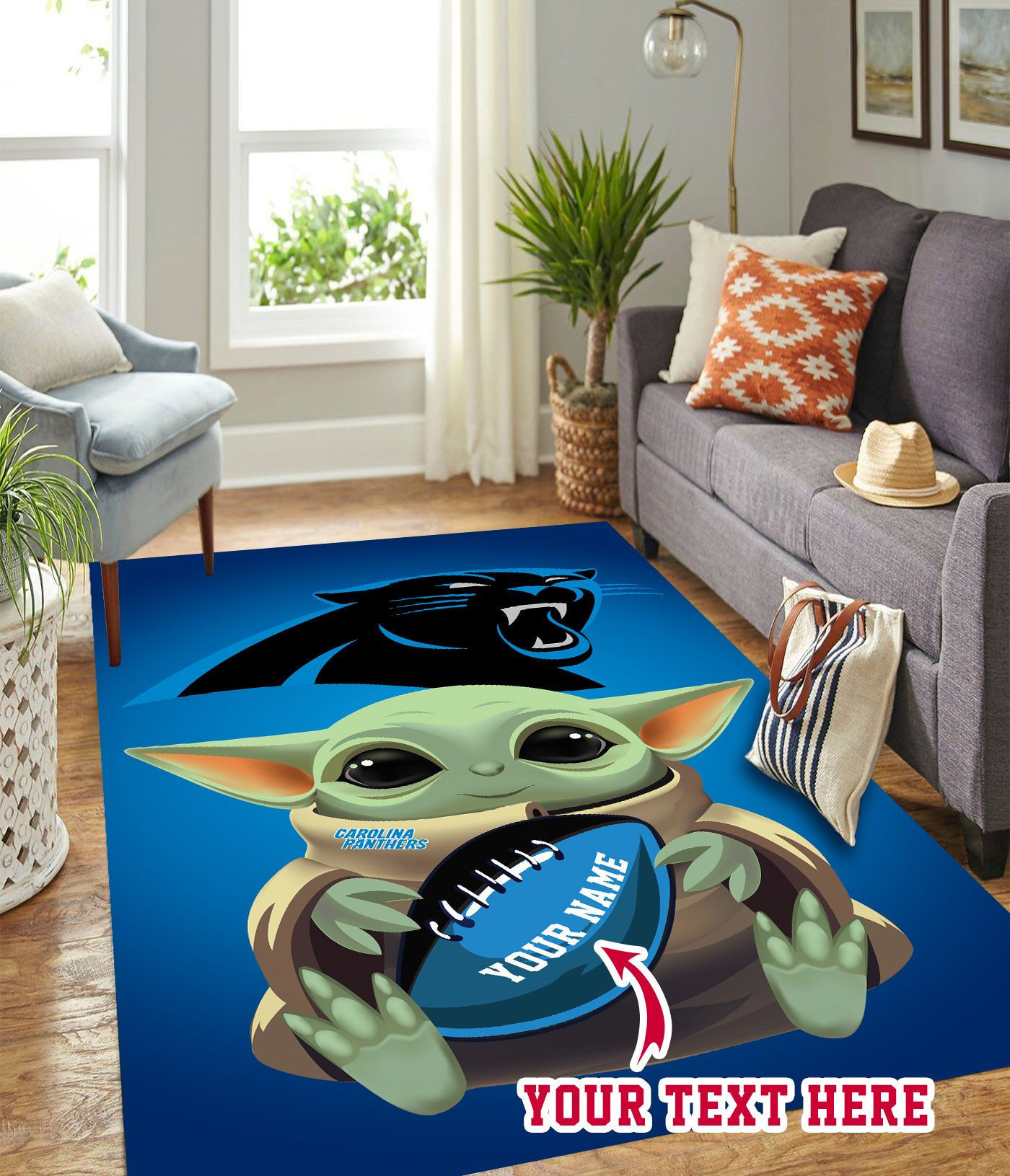 Baby Yoda Carolina Panthers American Football Personalized Custom Rectangle Area Rug – Full Print Carpet For Living Room & Bedroom Home Decor