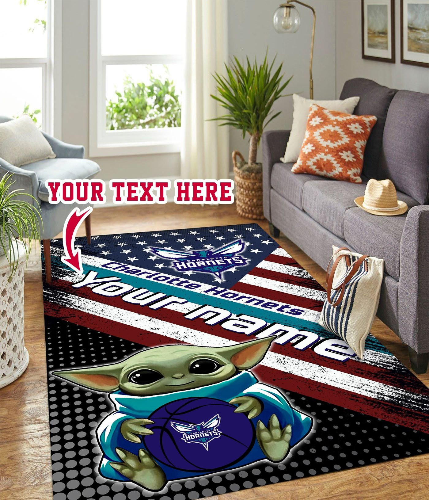 Baby Yoda Charlotte Hornets Personalized Custom Rectangle Area Rug – Full Print Carpet For Living Room & Bedroom Home Decor