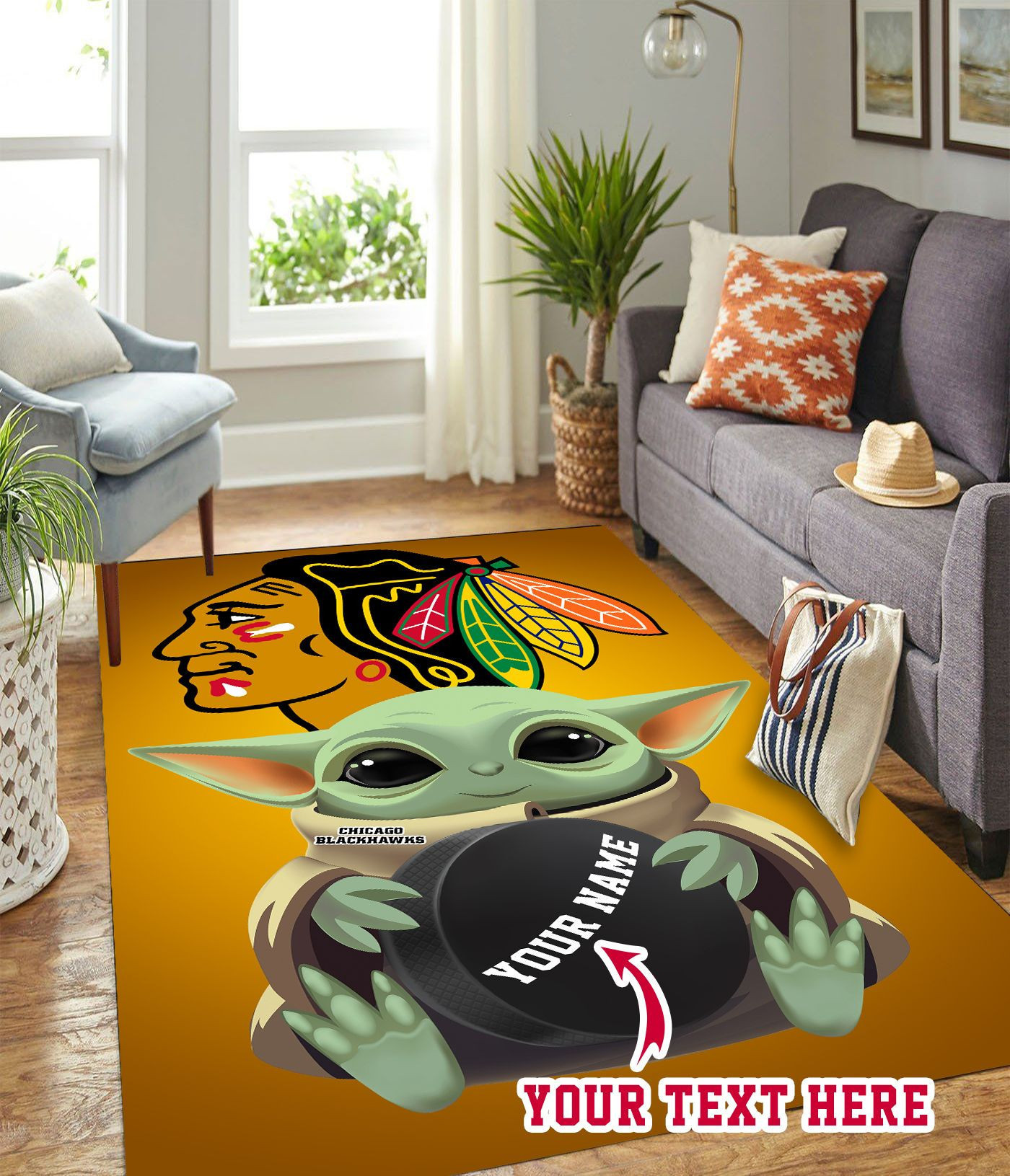 Baby Yoda Chicago Blackhawks Personalized Custom Rectangle Area Rug – Full Print Carpet For Living Room & Bedroom Home Decor