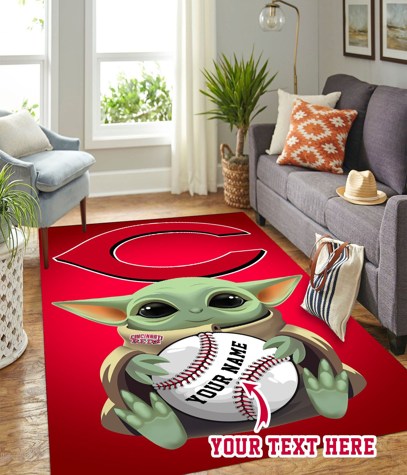 Baby Yoda Cincinnati Reds Personalized Custom Rectangle Area Rug – Full Print Carpet For Living Room & Bedroom Home Decor