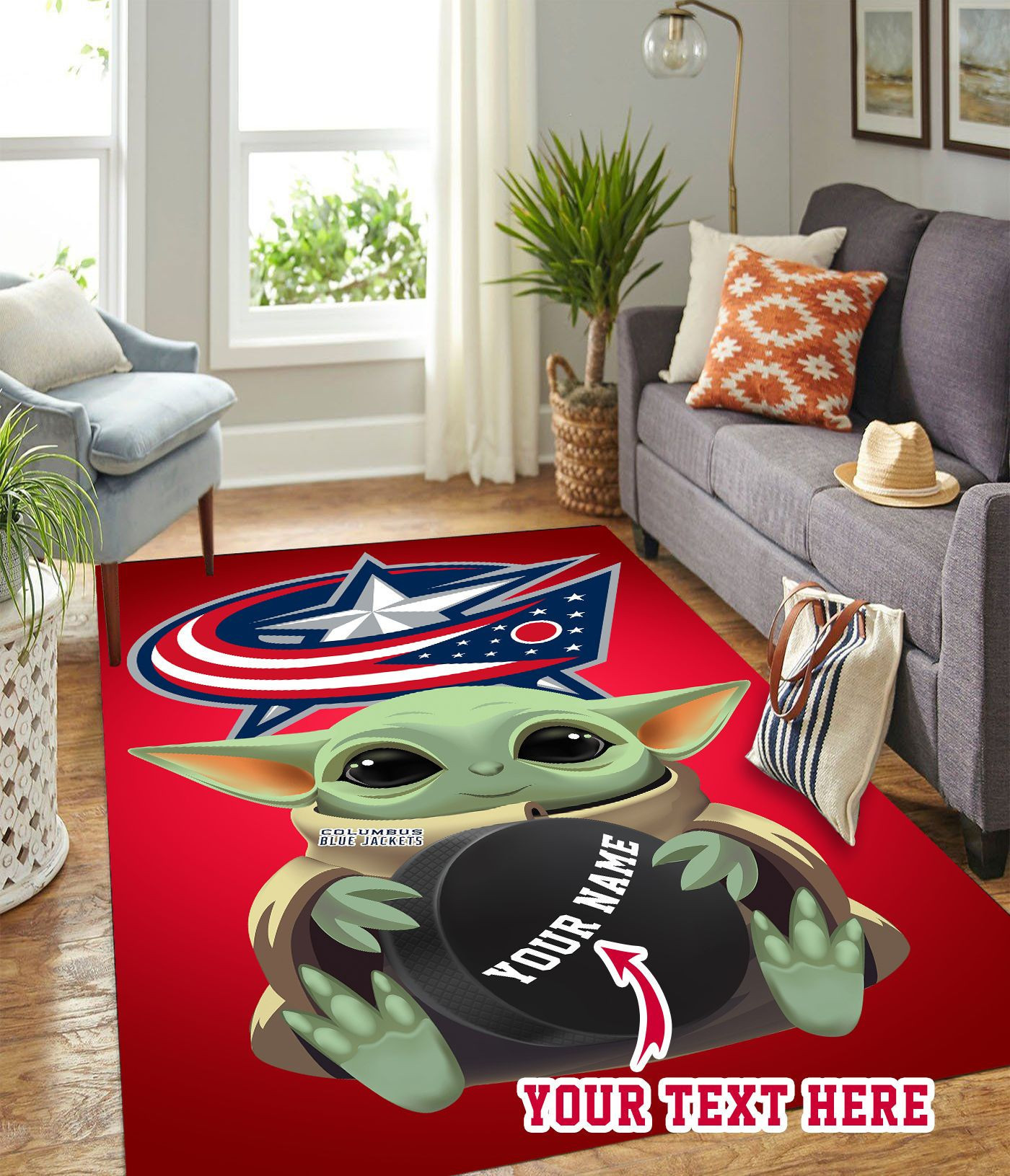 Baby Yoda Columbus Blue Jackets Personalized Custom Rectangle Area Rug – Full Print Carpet For Living Room & Bedroom Home Decor