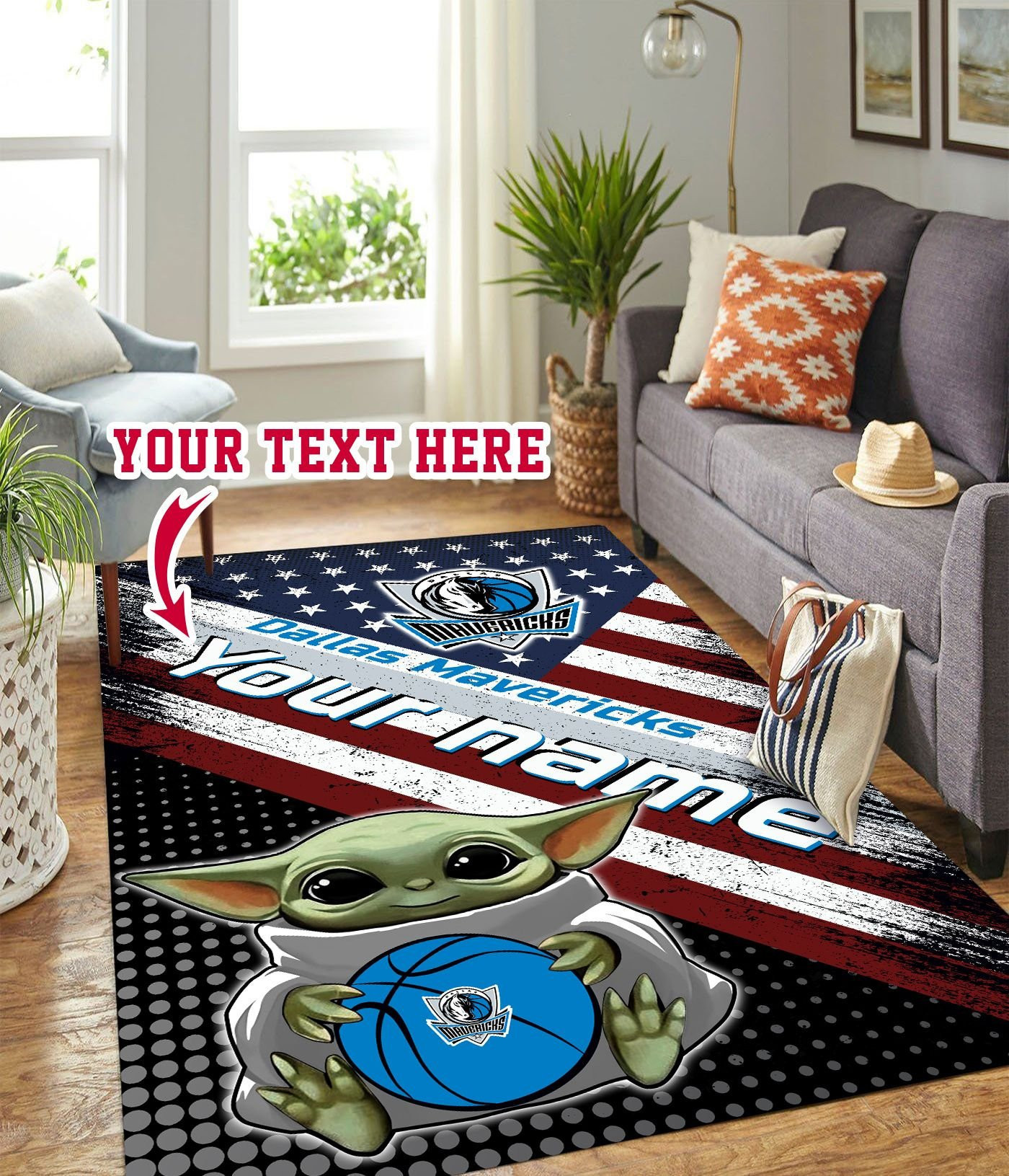 Baby Yoda Dallas Mavericks Personalized Custom Rectangle Area Rug – Full Print Carpet For Living Room & Bedroom Home Decor