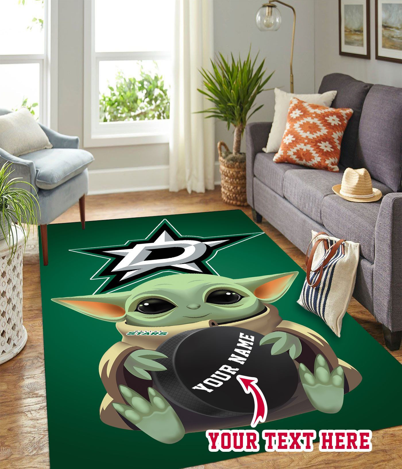 Baby Yoda Dallas Stars Personalized Custom Rectangle Area Rug – Full Print Carpet For Living Room & Bedroom Home Decor