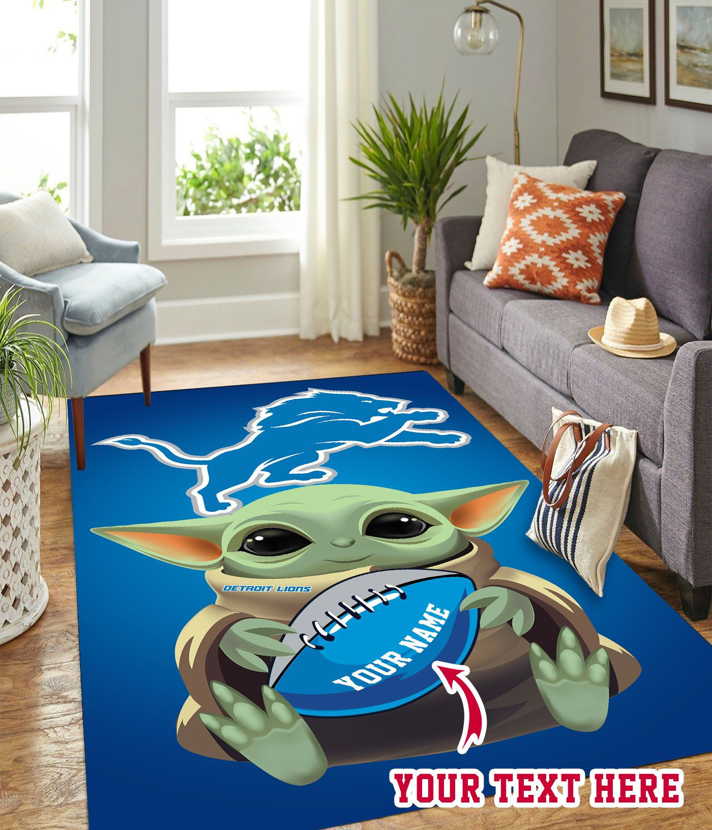 Baby Yoda Detroit Lions Personalized Custom Rectangle Area Rug – Full Print Carpet For Living Room & Bedroom Home Decor