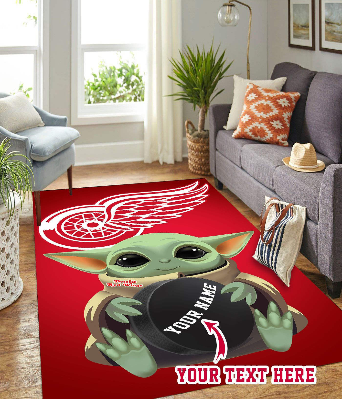 Baby Yoda Detroit Red Wings Personalized Custom Rectangle Area Rug – Full Print Carpet For Living Room & Bedroom Home Decor