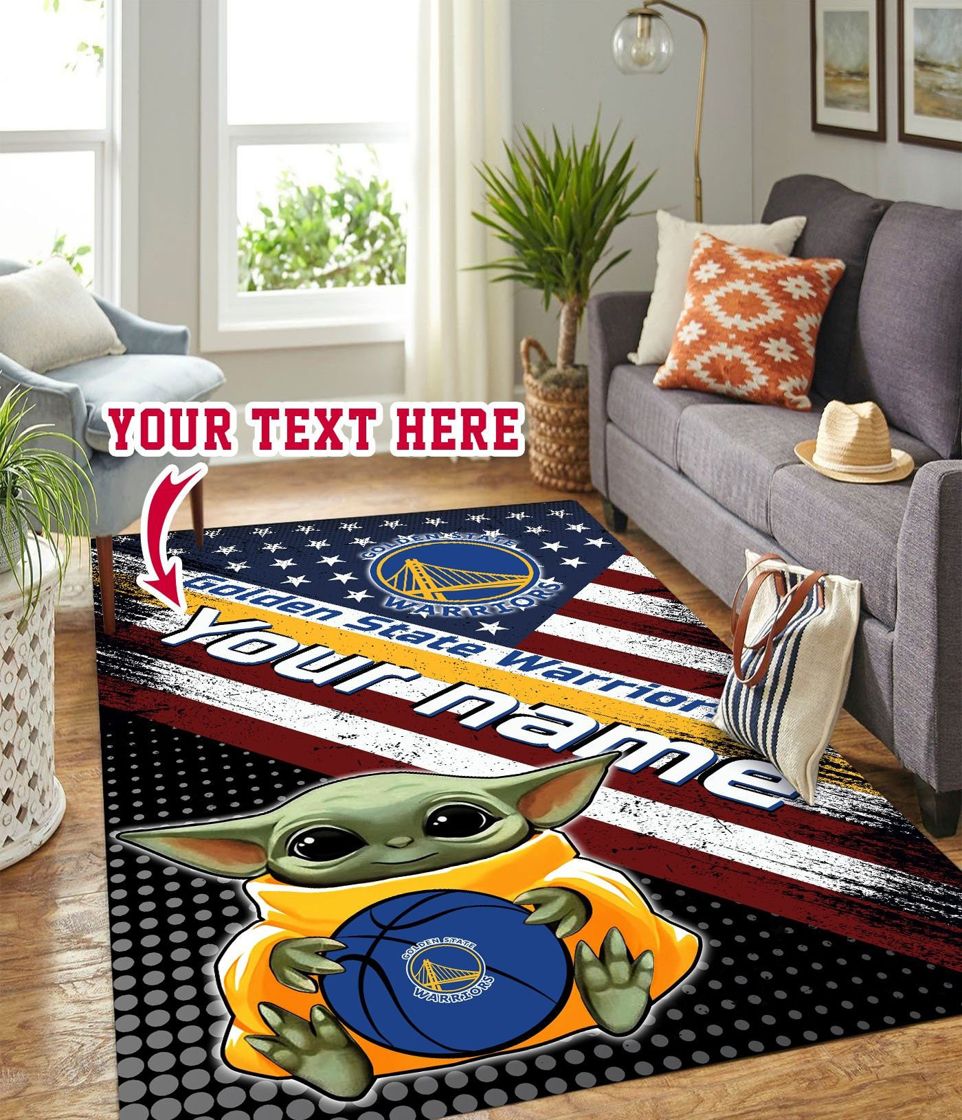 Baby Yoda Golden State Warriors Personalized Custom Rectangle Area Rug – Full Print Carpet For Living Room & Bedroom Home Decor