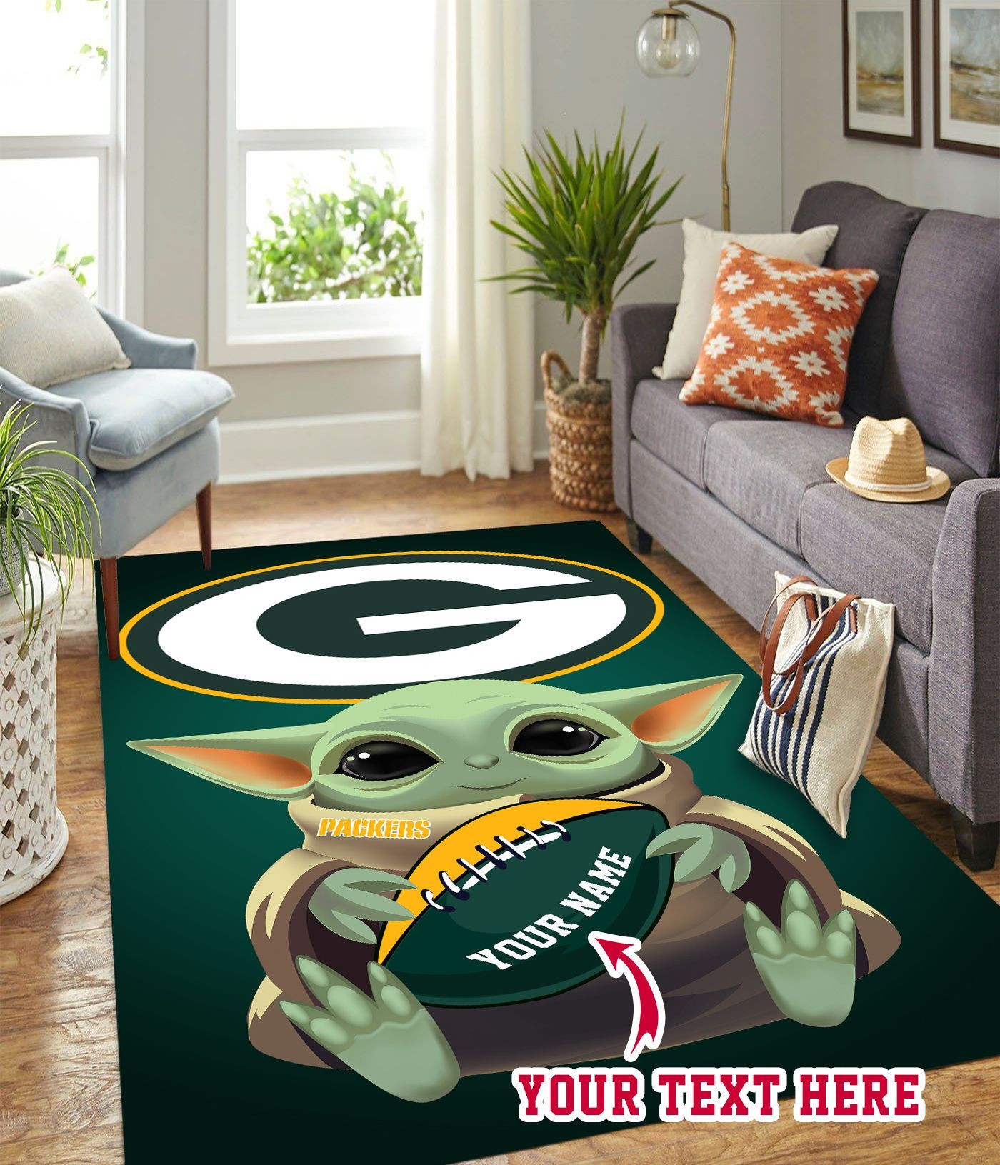 Baby Yoda Green Bay Packers American Personalized Custom Rectangle Area Rug – Full Print Carpet For Living Room & Bedroom Home Decor