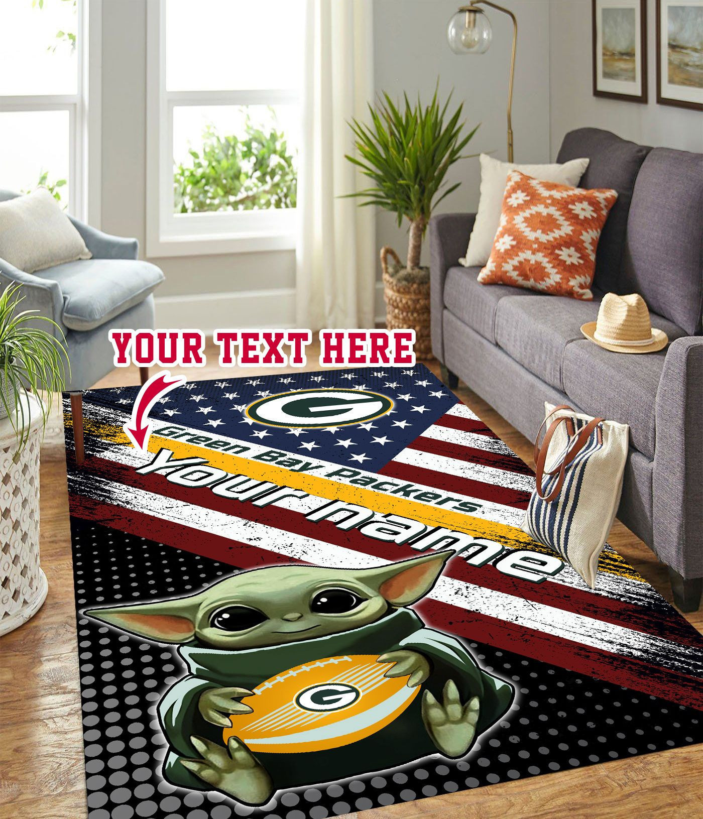 Baby Yoda Green Bay Packers Personalized Custom Rectangle Area Rug – Full Print Carpet For Living Room & Bedroom Home Decor