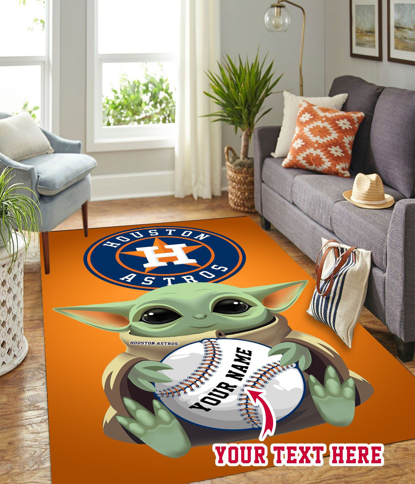 Baby Yoda Houston Astros O Personalized Custom Rectangle Area Rug – Full Print Carpet For Living Room & Bedroom Home Decor