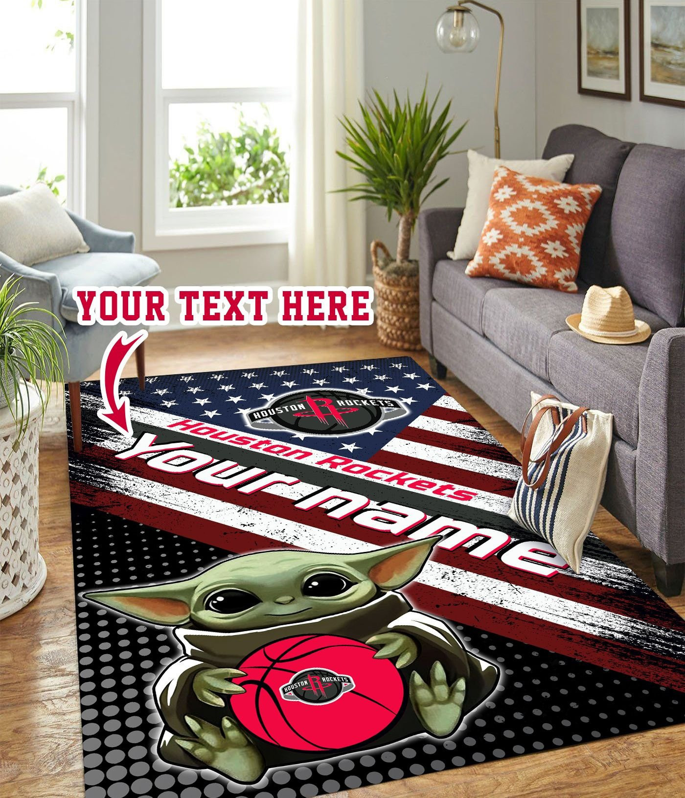Baby Yoda Houston Rockets Personalized Custom Rectangle Area Rug – Full Print Carpet For Living Room & Bedroom Home Decor