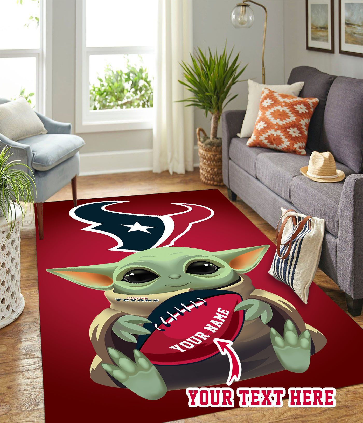 Baby Yoda Houston Texans American Personalized Custom Rectangle Area Rug – Full Print Carpet For Living Room & Bedroom Home Decor