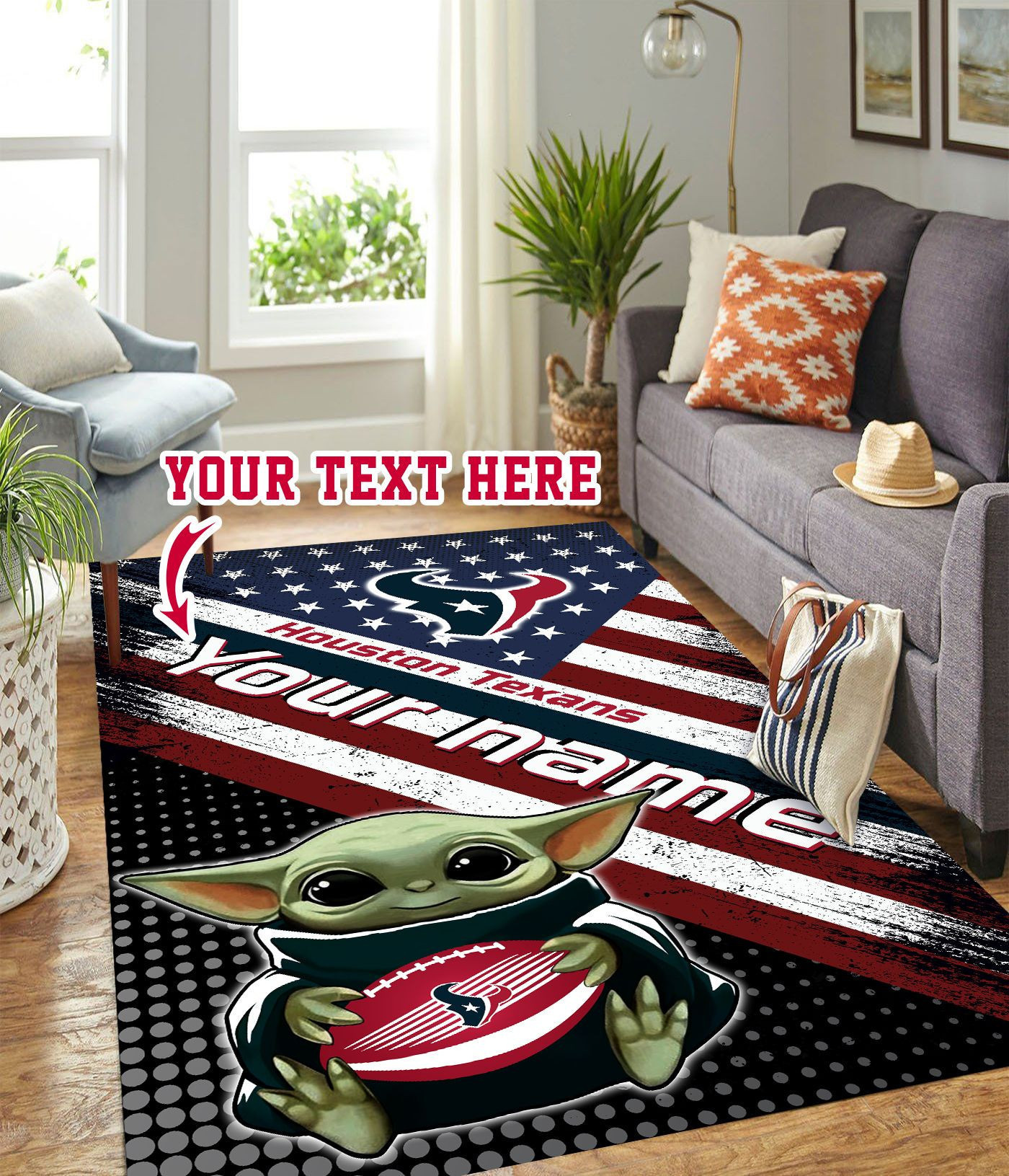 Baby Yoda Houston Texans Personalized Custom Rectangle Area Rug – Full Print Carpet For Living Room & Bedroom Home Decor