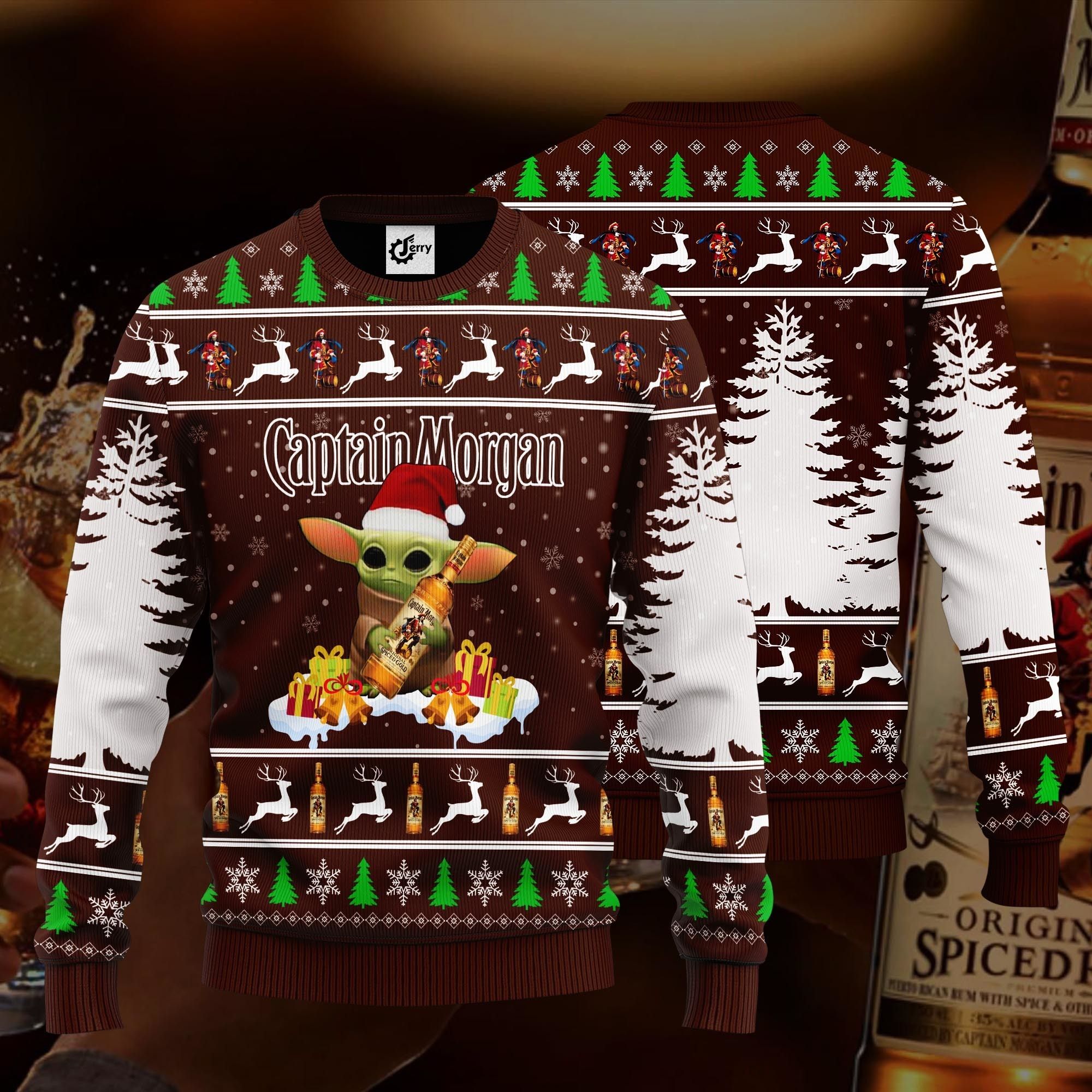 Baby Yoda Hug Captain Morgan Ugly Christmas Sweater