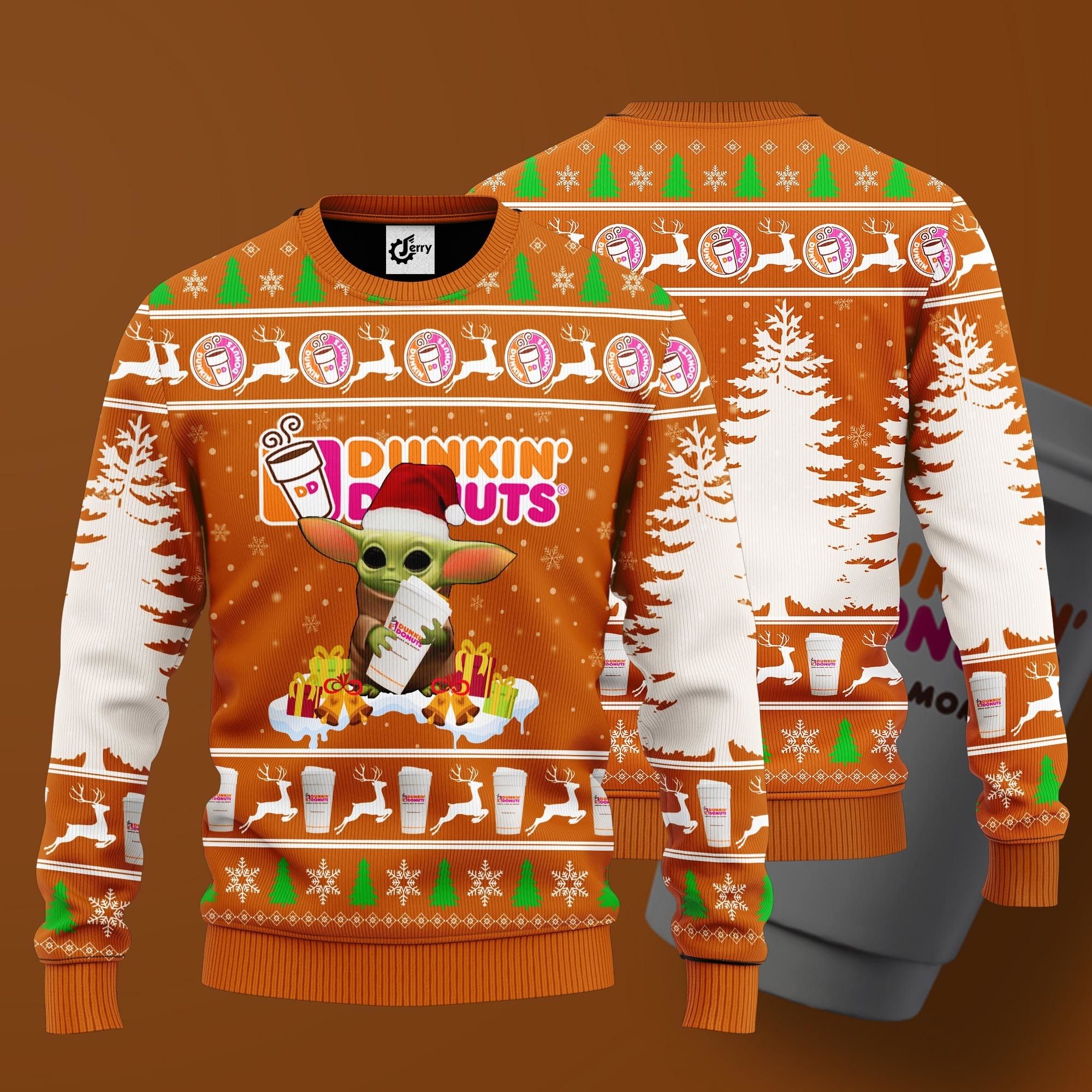 Baby Yoda Hug Dunkin' Donuts Ugly Christmas Sweater