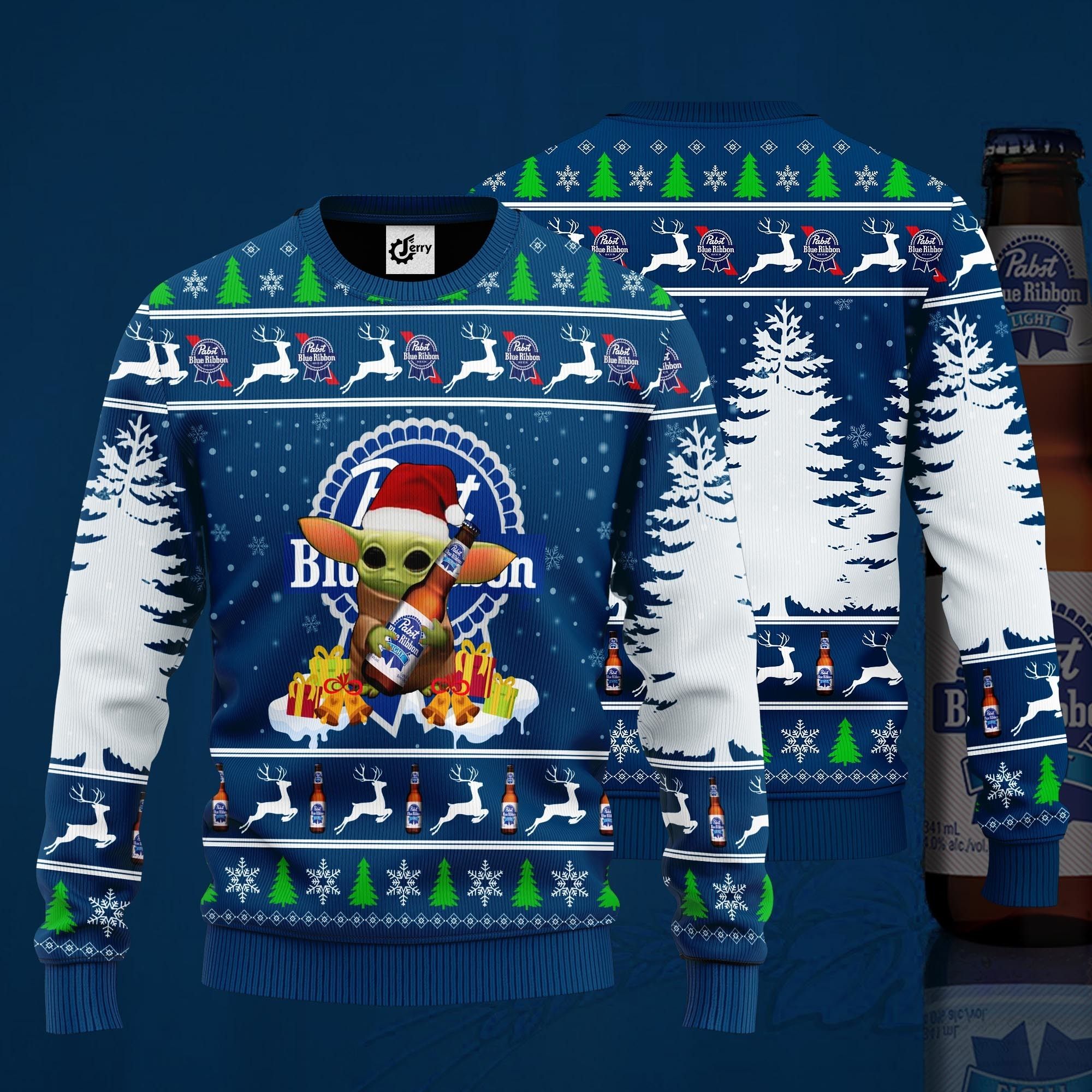 Baby Yoda Hug Pabst Blue Ribbon Ugly Christmas Sweater