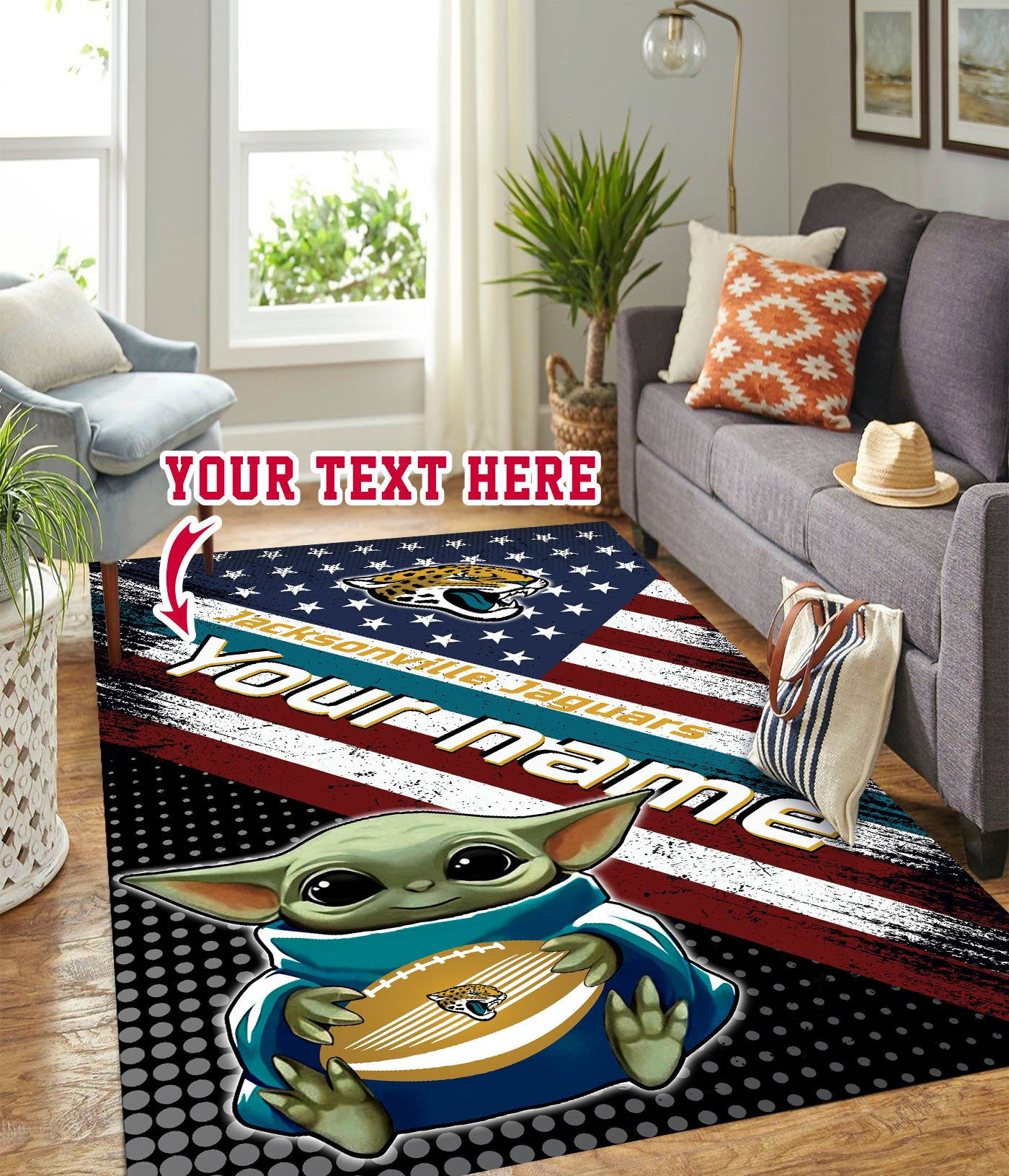 Baby Yoda Jacksonville Jaguars Personalized Custom Rectangle Area Rug – Full Print Carpet For Living Room & Bedroom Home Decor