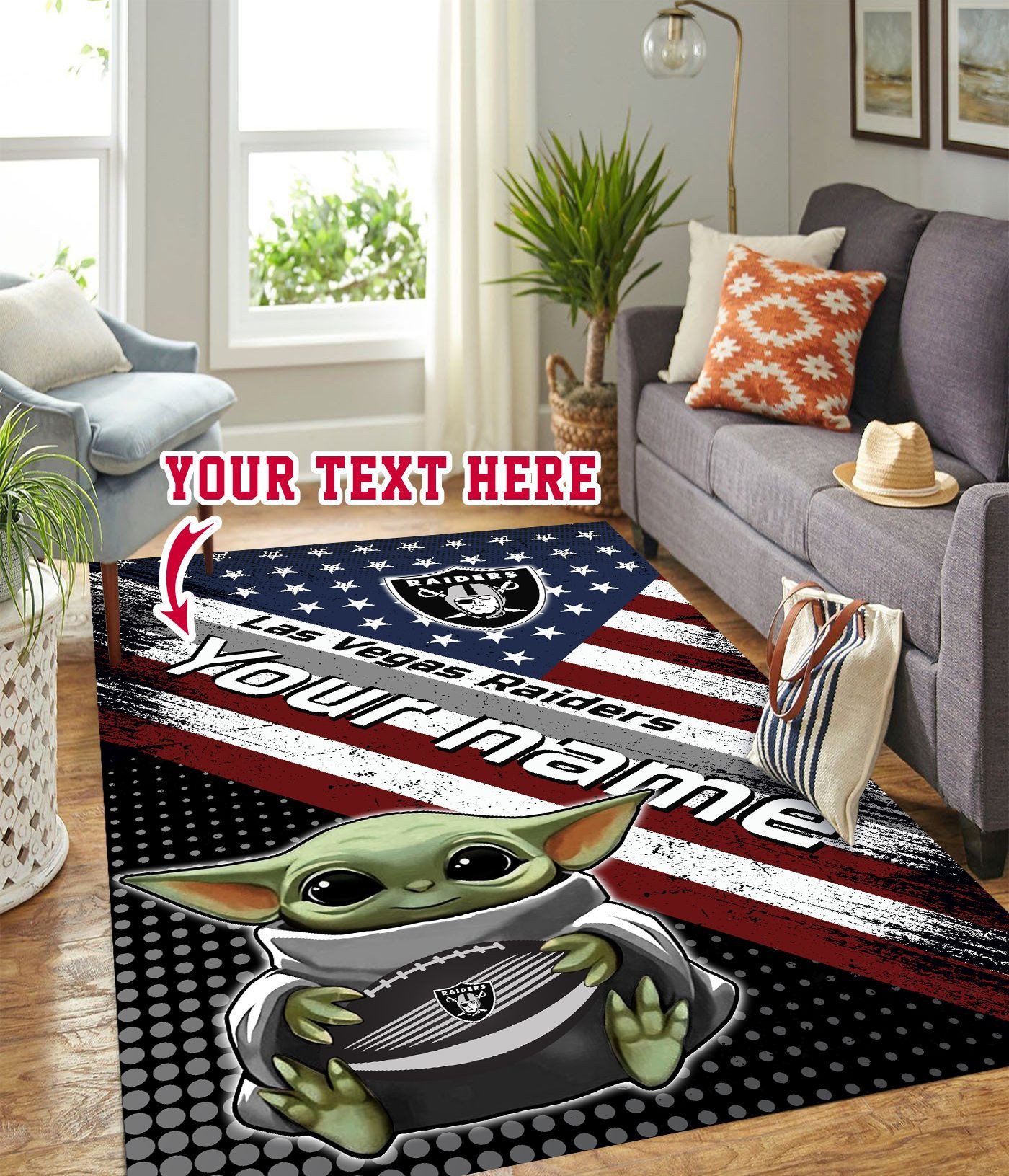Baby Yoda Las Vegas Raiders Personalized Custom Rectangle Area Rug – Full Print Carpet For Living Room & Bedroom Home Decor