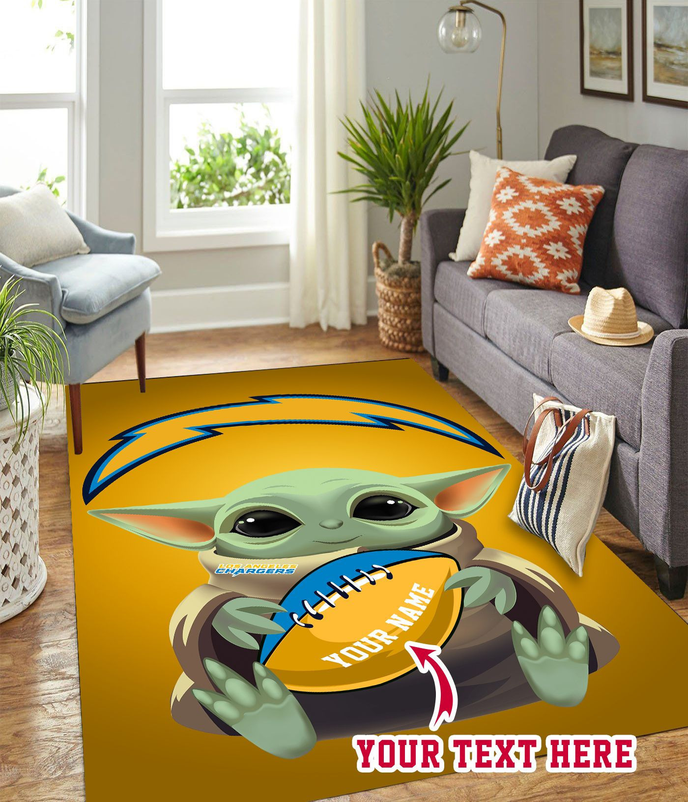 Baby Yoda Los Angeles Chargers American Personalized Custom Rectangle Area Rug – Full Print Carpet For Living Room & Bedroom Home Decor