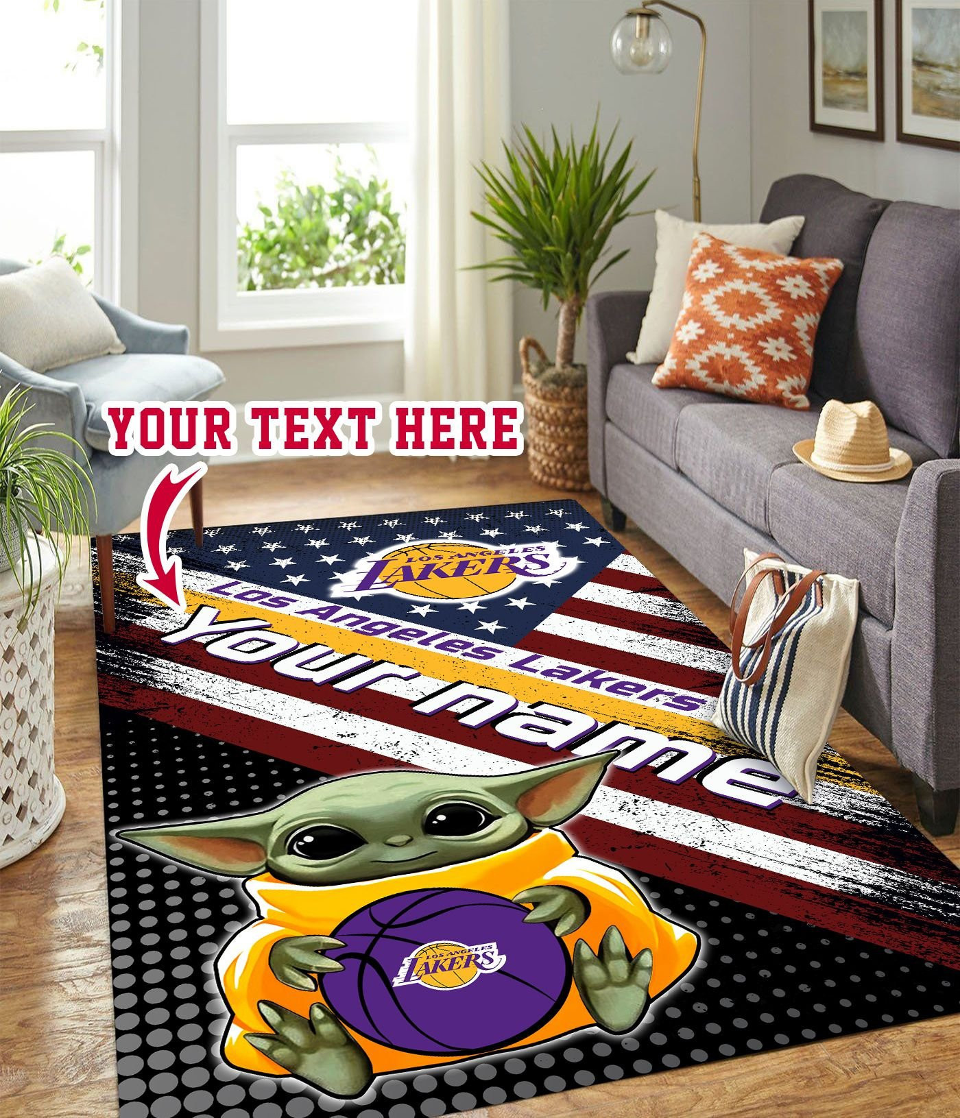 Baby Yoda Los Angeles Lakers Personalized Custom Rectangle Area Rug – Full Print Carpet For Living Room & Bedroom Home Decor