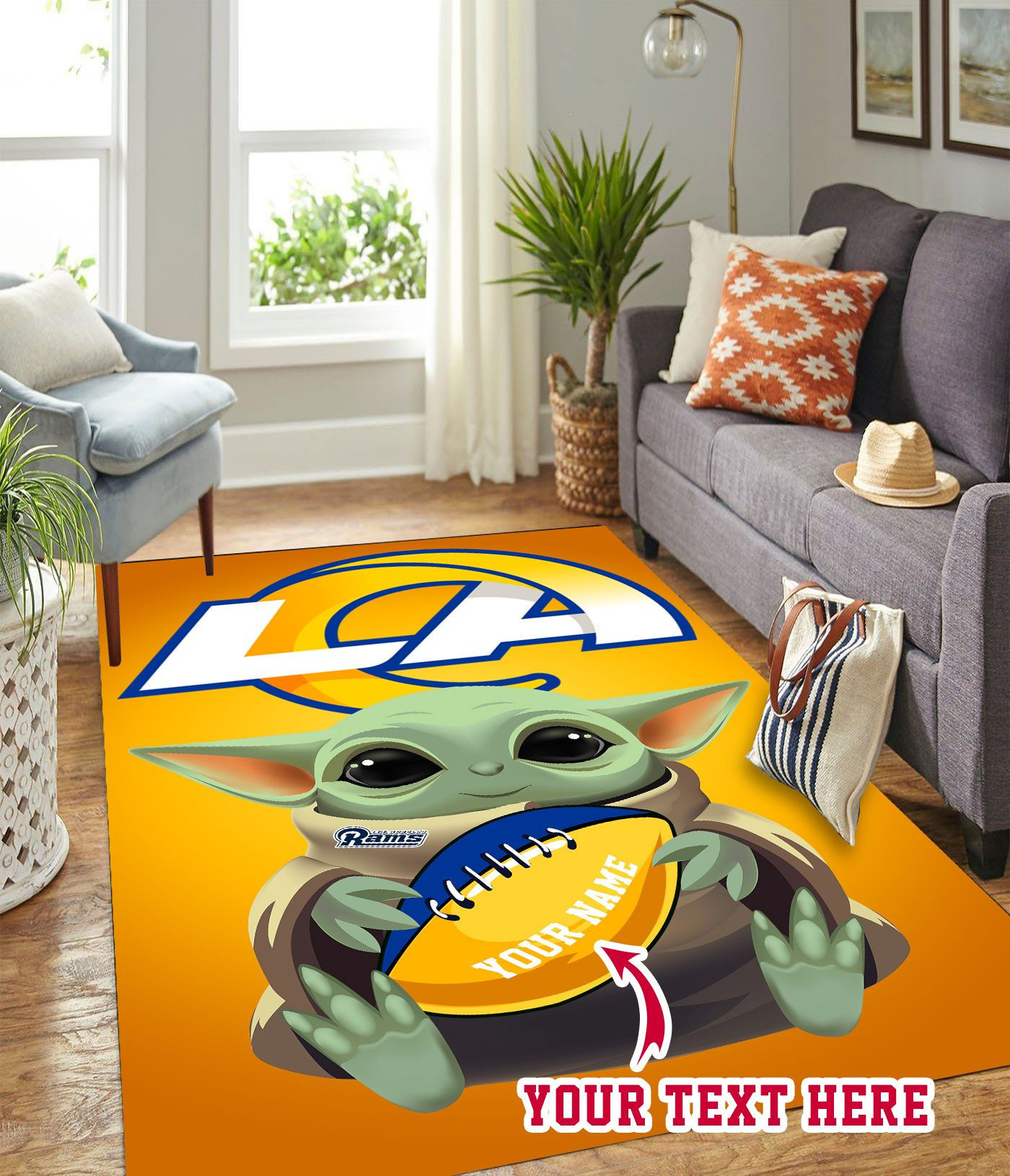 Baby Yoda Los Angeles Rams American Personalized Custom Rectangle Area Rug – Full Print Carpet For Living Room & Bedroom Home Decor