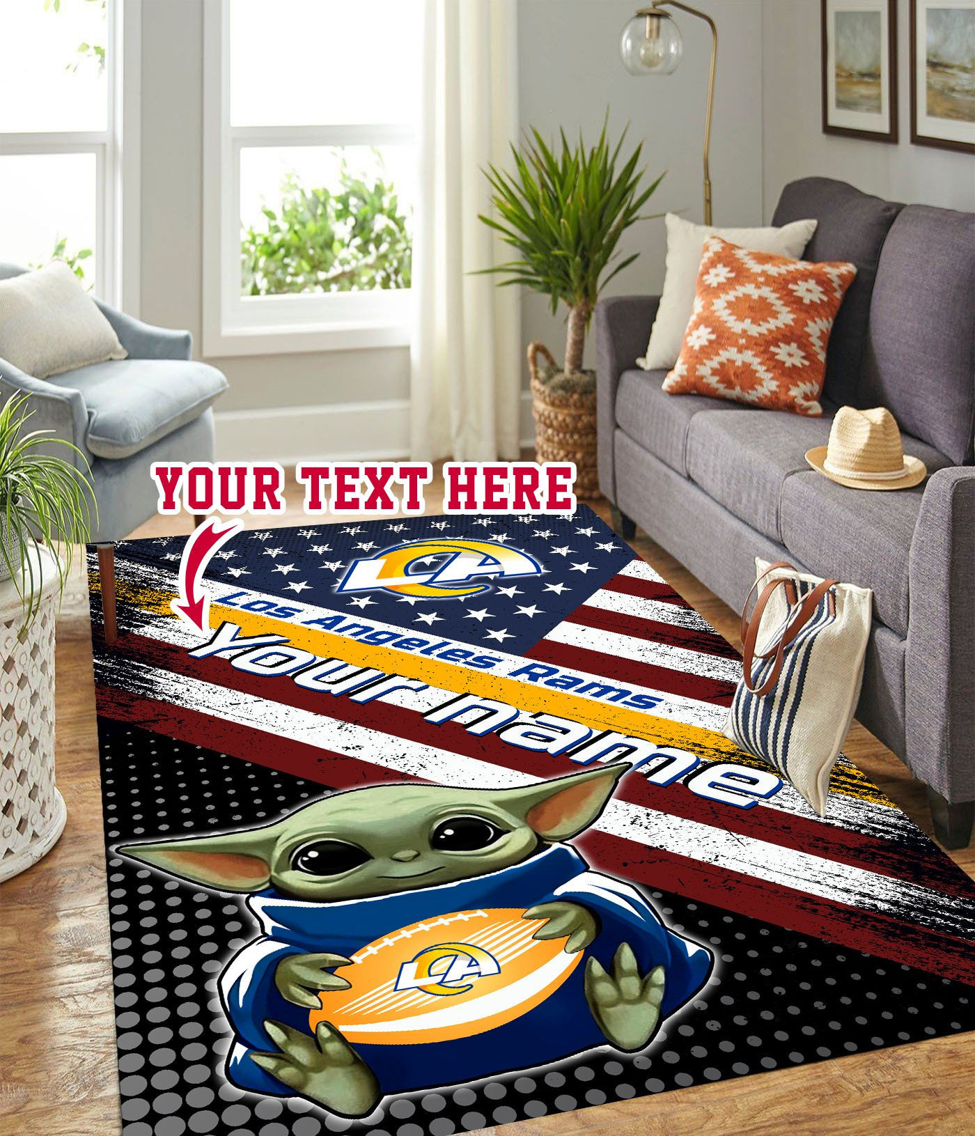 Baby Yoda Los Angeles Rams Personalized Custom Rectangle Area Rug – Full Print Carpet For Living Room & Bedroom Home Decor