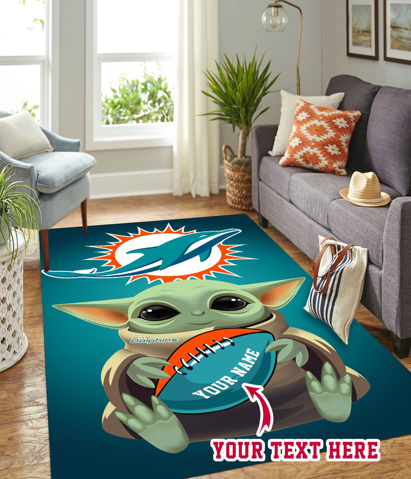 Baby Yoda Miami Dolphins American Personalized Custom Rectangle Area Rug – Full Print Carpet For Living Room & Bedroom Home Decor
