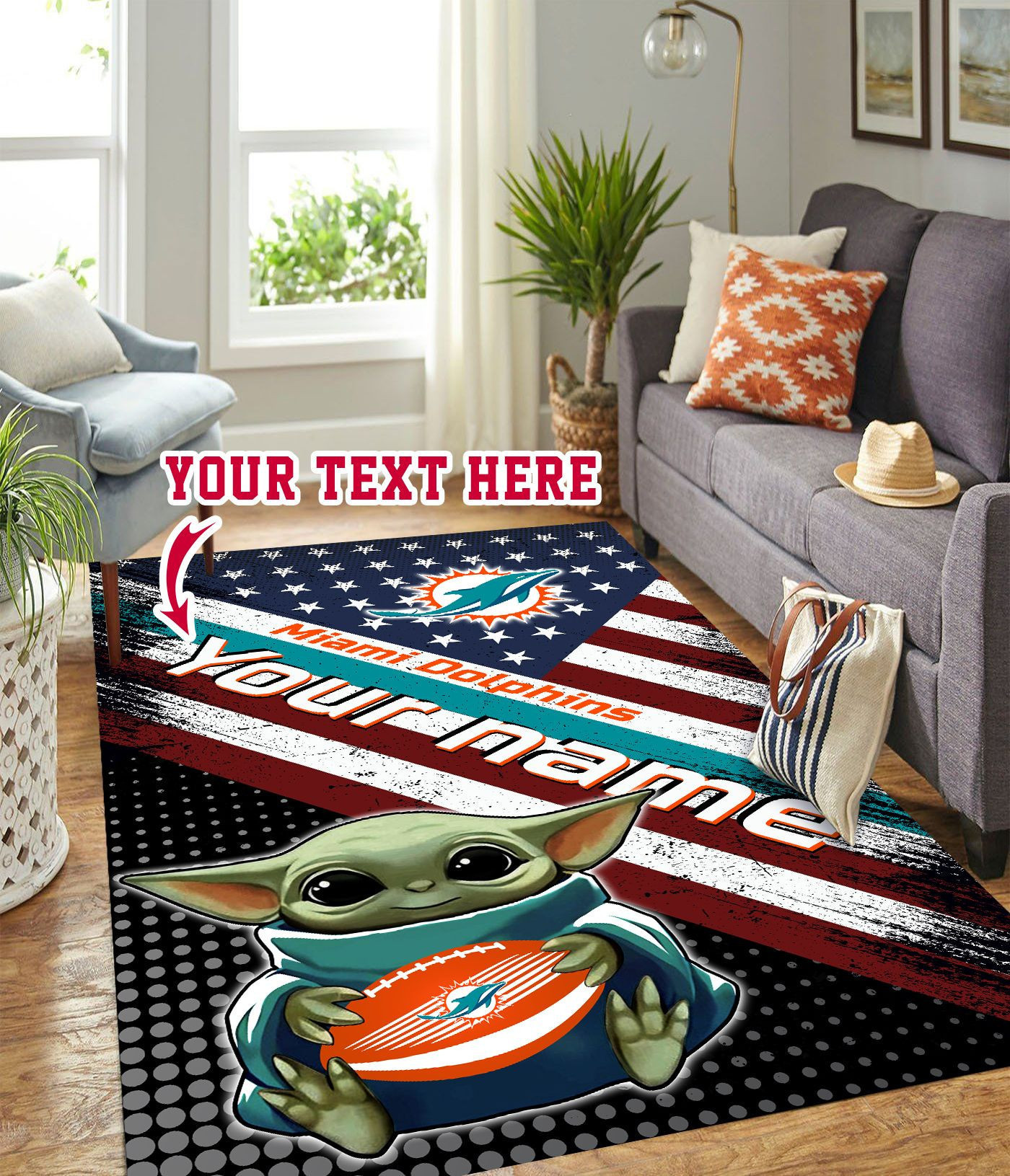 Baby Yoda Miami Dolphins Personalized Custom Rectangle Area Rug – Full Print Carpet For Living Room & Bedroom Home Decor