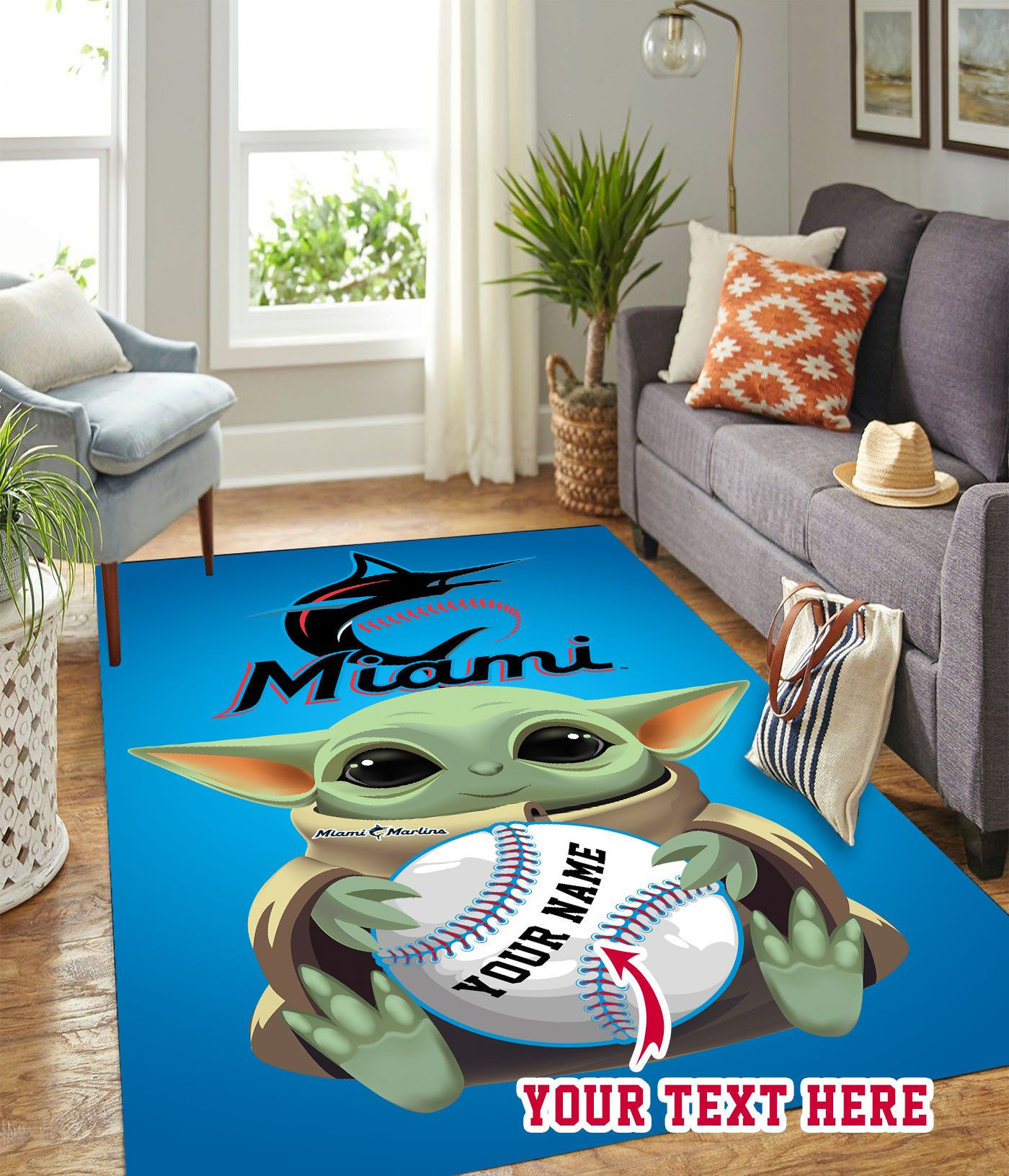 Baby Yoda Miami Marlins B Personalized Custom Rectangle Area Rug – Full Print Carpet For Living Room & Bedroom Home Decor