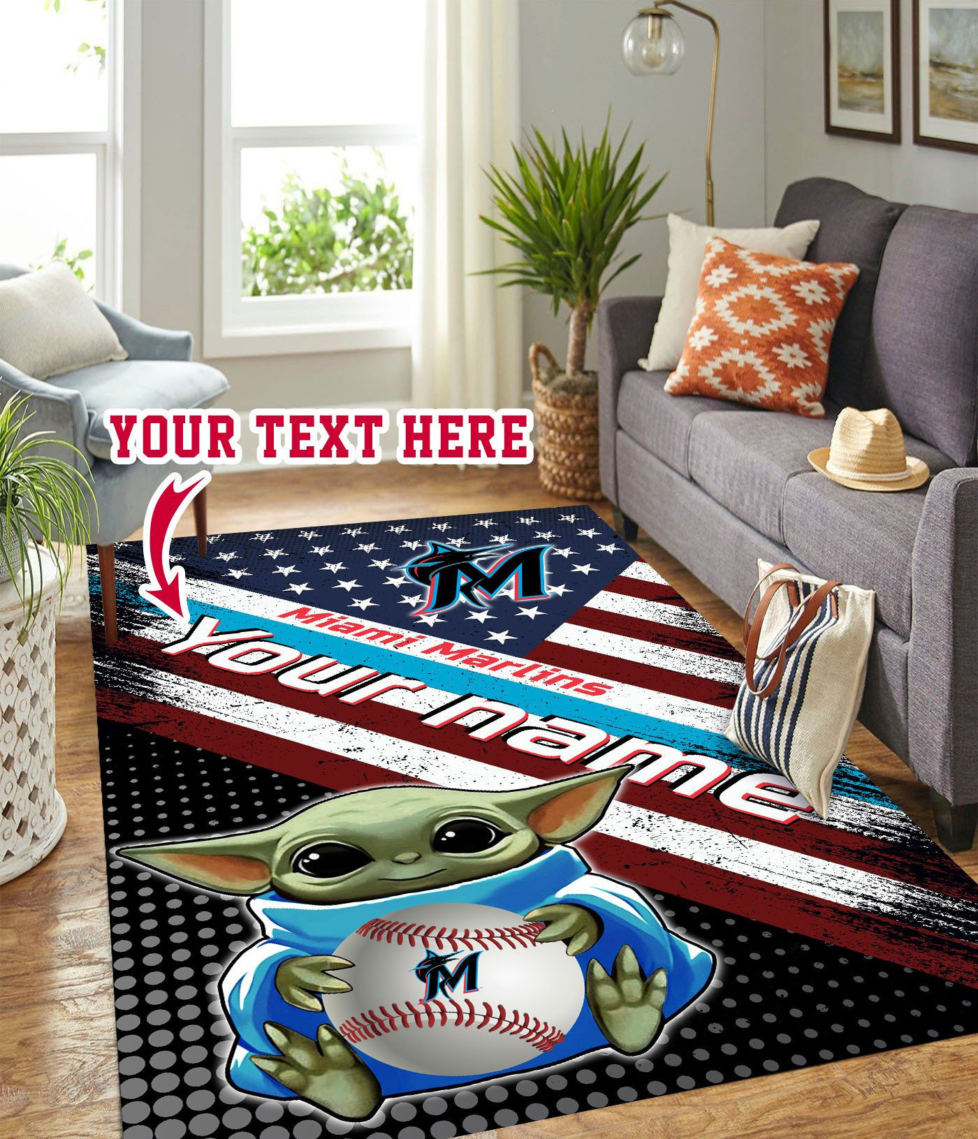 Baby Yoda Miami Marlins Personalized Custom Rectangle Area Rug – Full Print Carpet For Living Room & Bedroom Home Decor