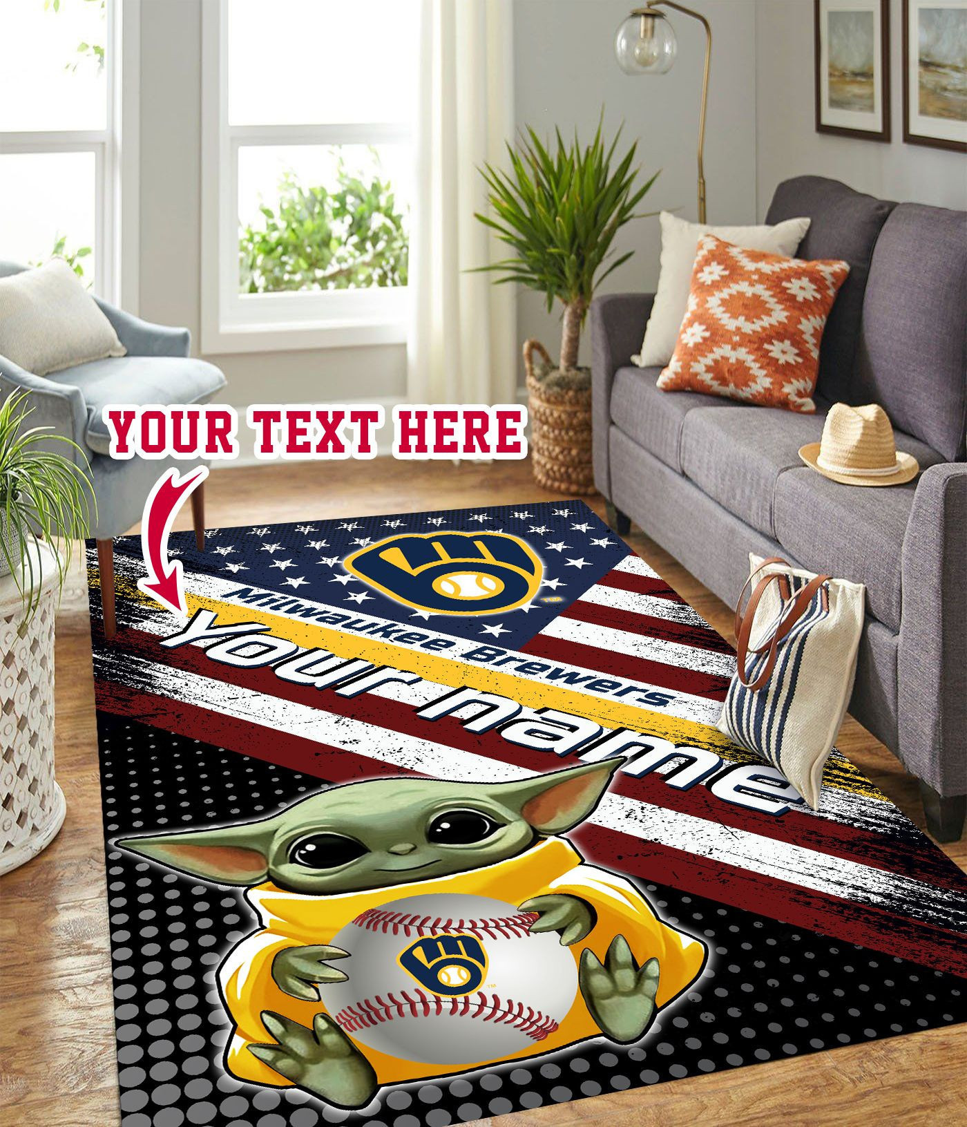 Baby Yoda Milwaukee Brewers Personalized Custom Rectangle Area Rug – Full Print Carpet For Living Room & Bedroom Home Decor