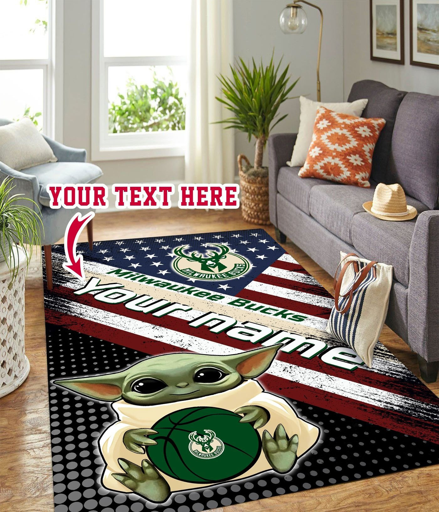 Baby Yoda Milwaukee Bucks Personalized Custom Rectangle Area Rug – Full Print Carpet For Living Room & Bedroom Home Decor