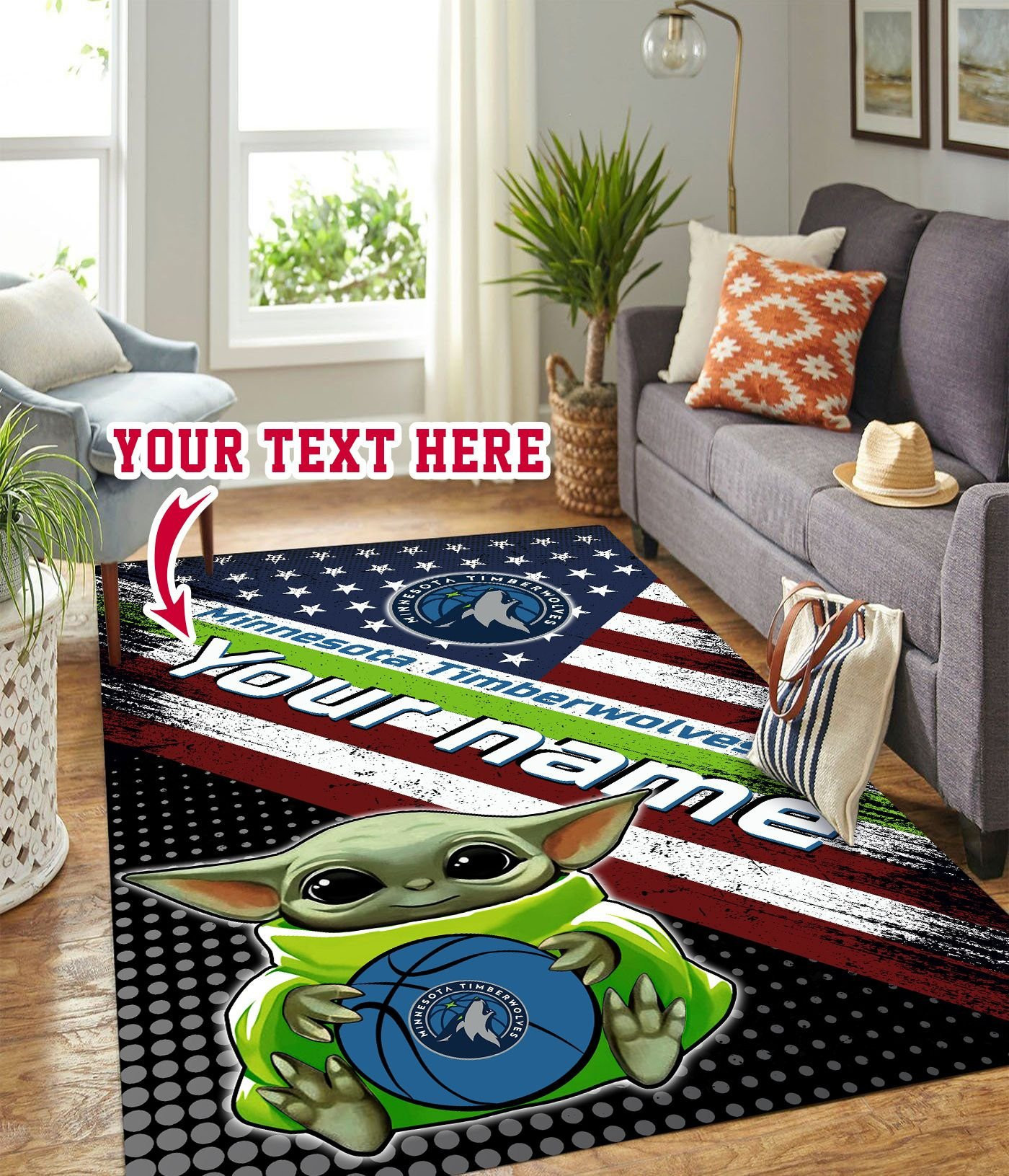 Baby Yoda Minnesota Timberwolves Personalized Custom Rectangle Area Rug – Full Print Carpet For Living Room & Bedroom Home Decor