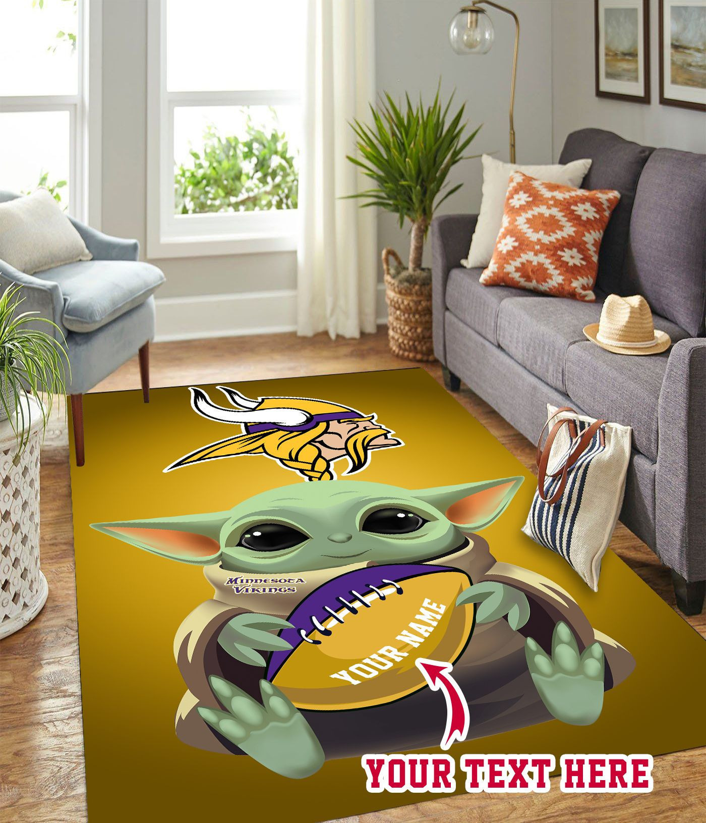 Baby Yoda Minnesota Vikings Personalized Custom Rectangle Area Rug – Full Print Carpet For Living Room & Bedroom Home Decor