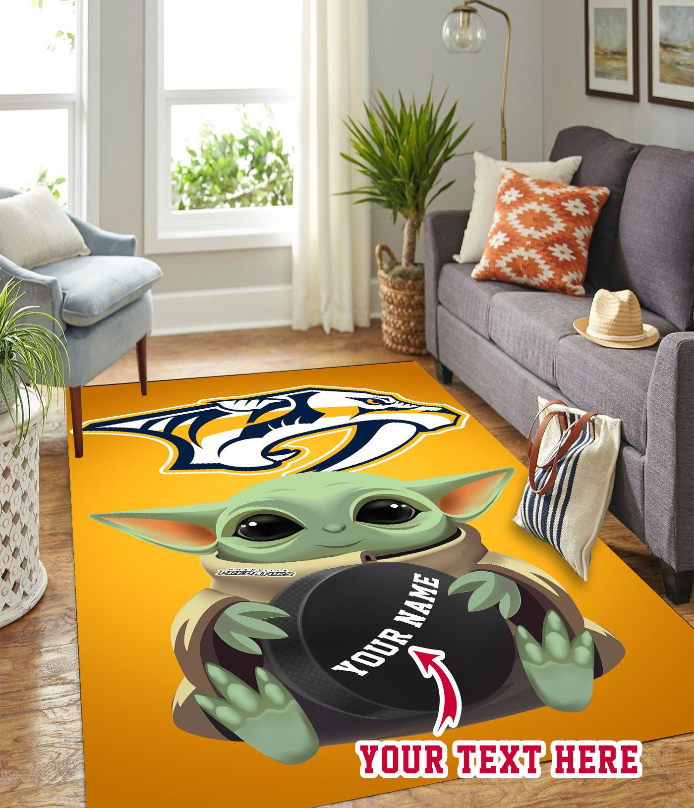 Baby Yoda Nashville Predators Personalized Custom Rectangle Area Rug – Full Print Carpet For Living Room & Bedroom Home Decor