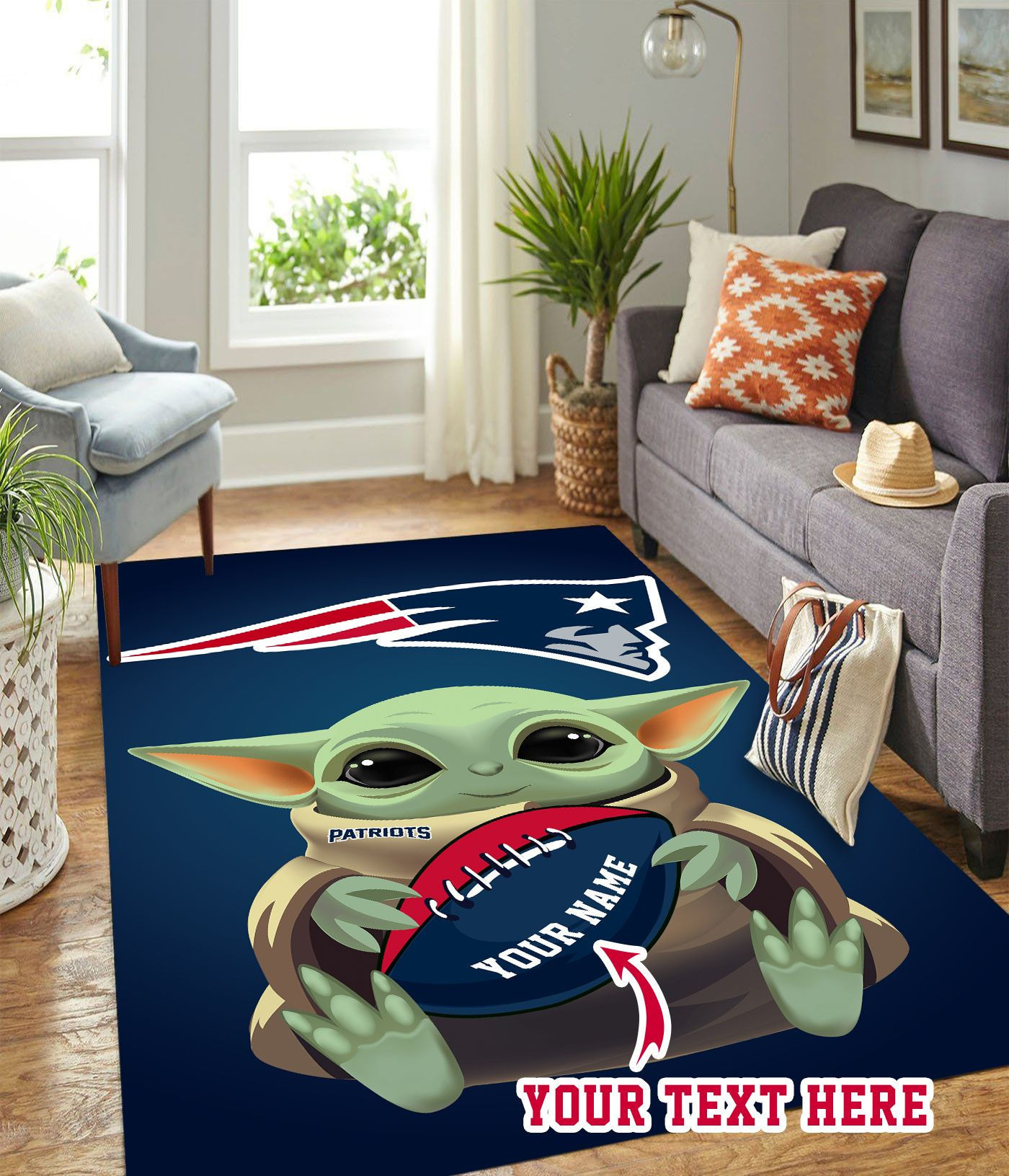 Baby Yoda New England Patriots Personalized Custom Rectangle Area Rug – Full Print Carpet For Living Room & Bedroom Home Decor