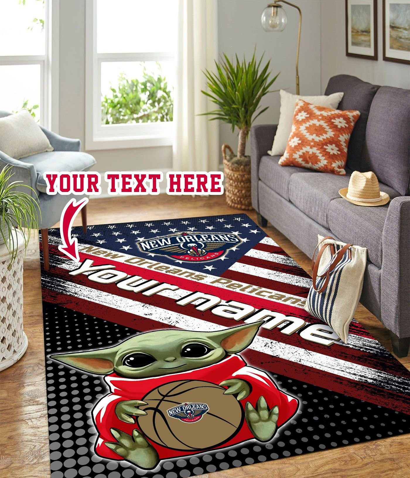 Baby Yoda New Orleans Pelicans Personalized Custom Rectangle Area Rug – Full Print Carpet For Living Room & Bedroom Home Decor